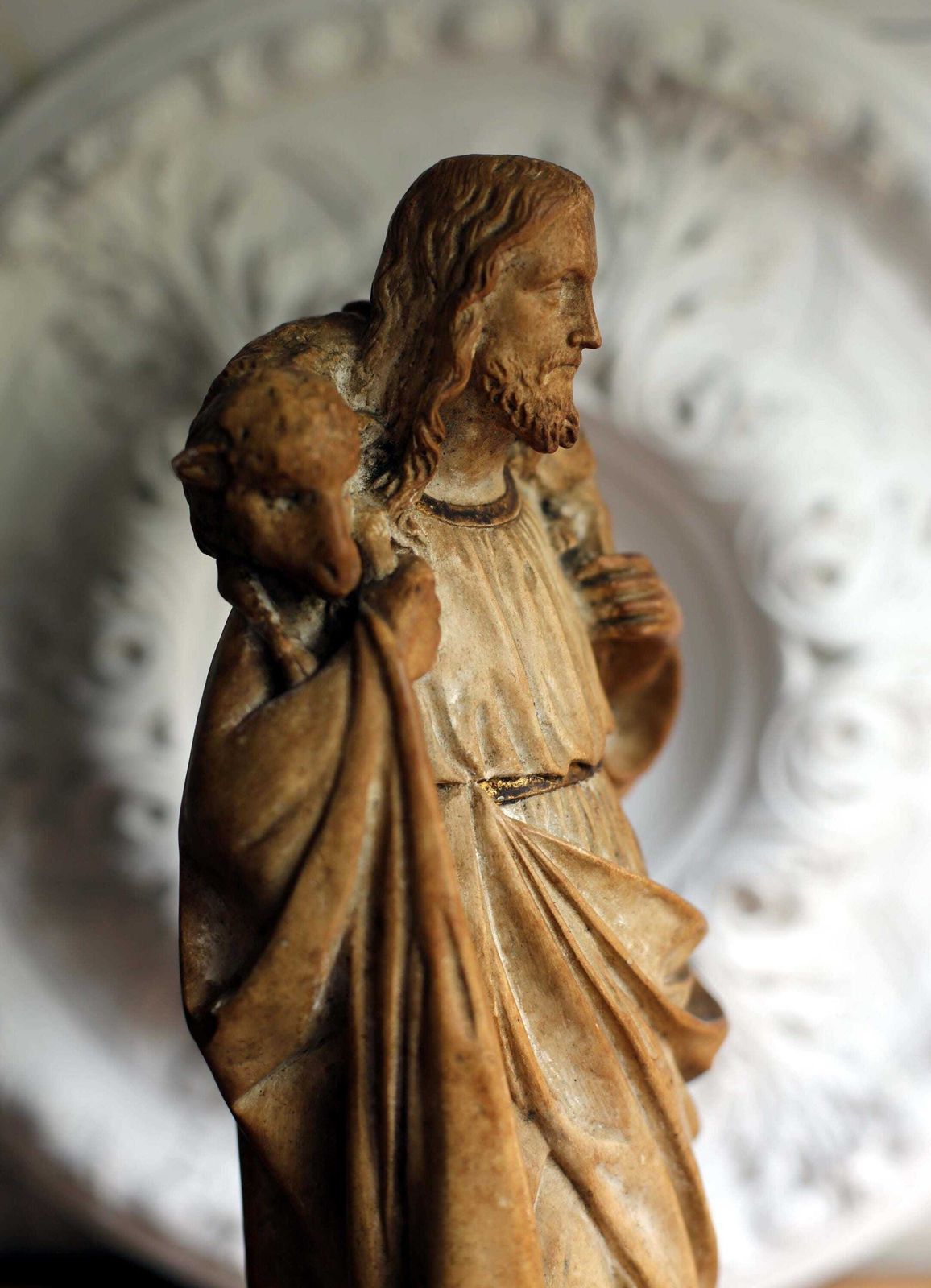 Antique French Good Shepherd Jesus Statue Religious Christ Figure With Lamb photo vintage