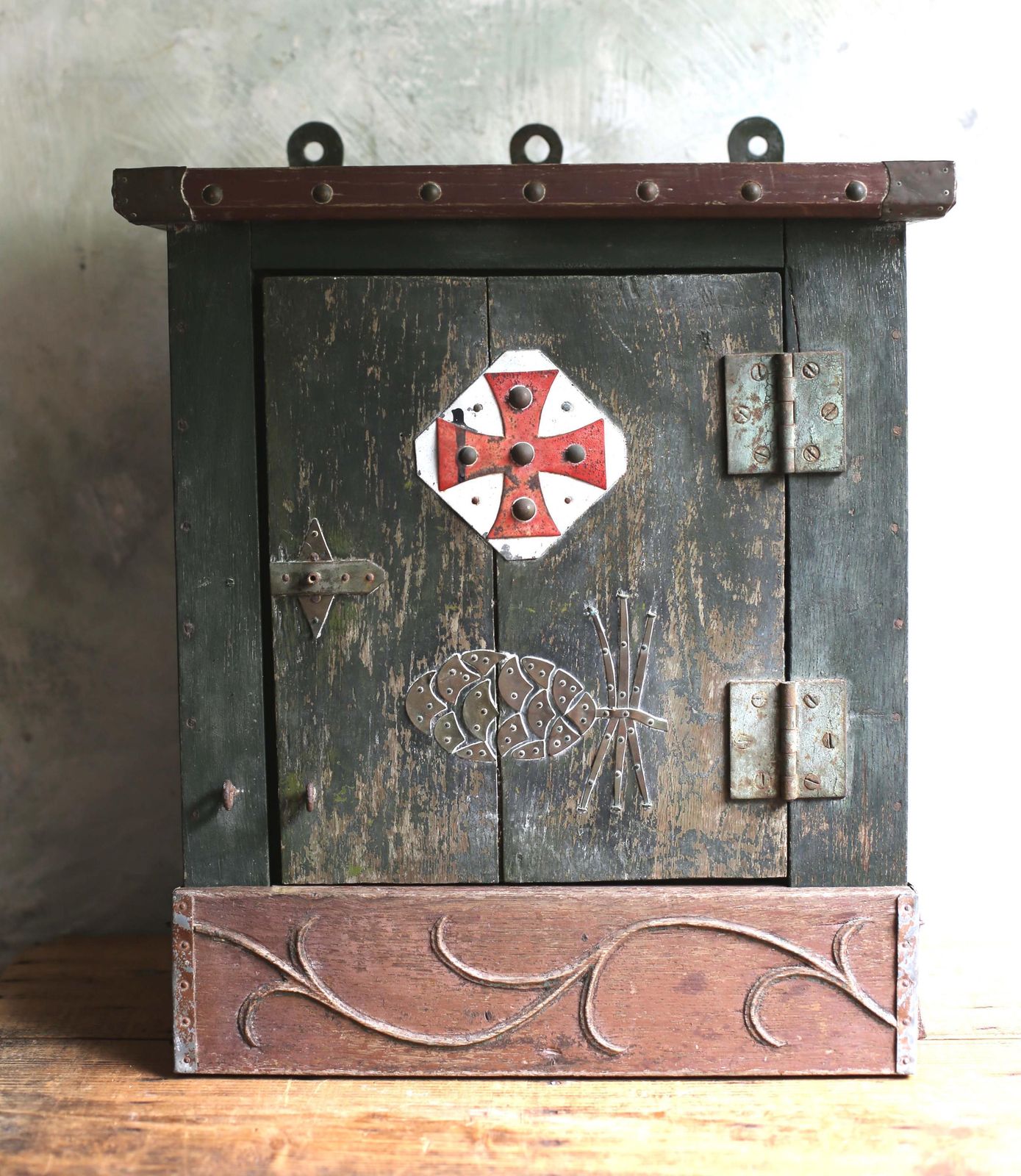 Antique French Cabinet Painted Folk Art Wooden Green Distressed With Red Cross Tabernacle photo furniture