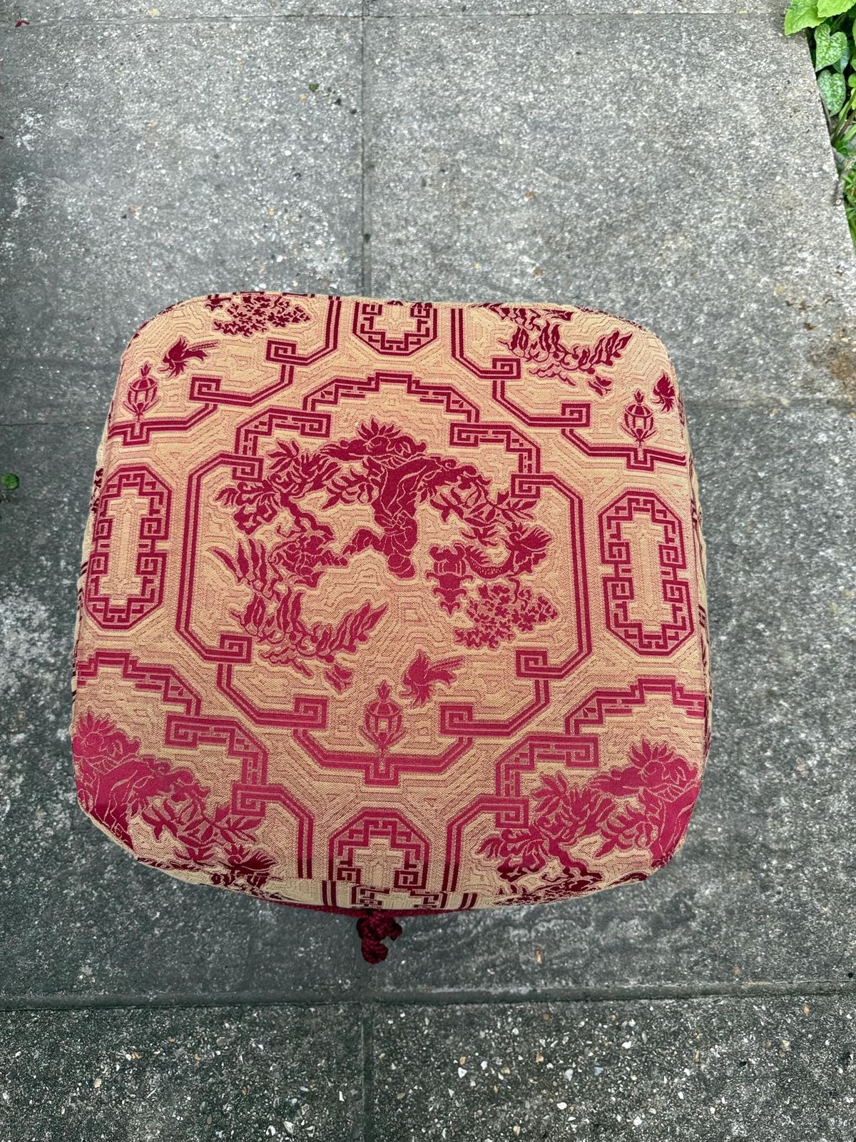 Vintage Chinoiserie Ottoman Footstool On Castors With Red And Gold Upholstery   Underside Label photo Furniture