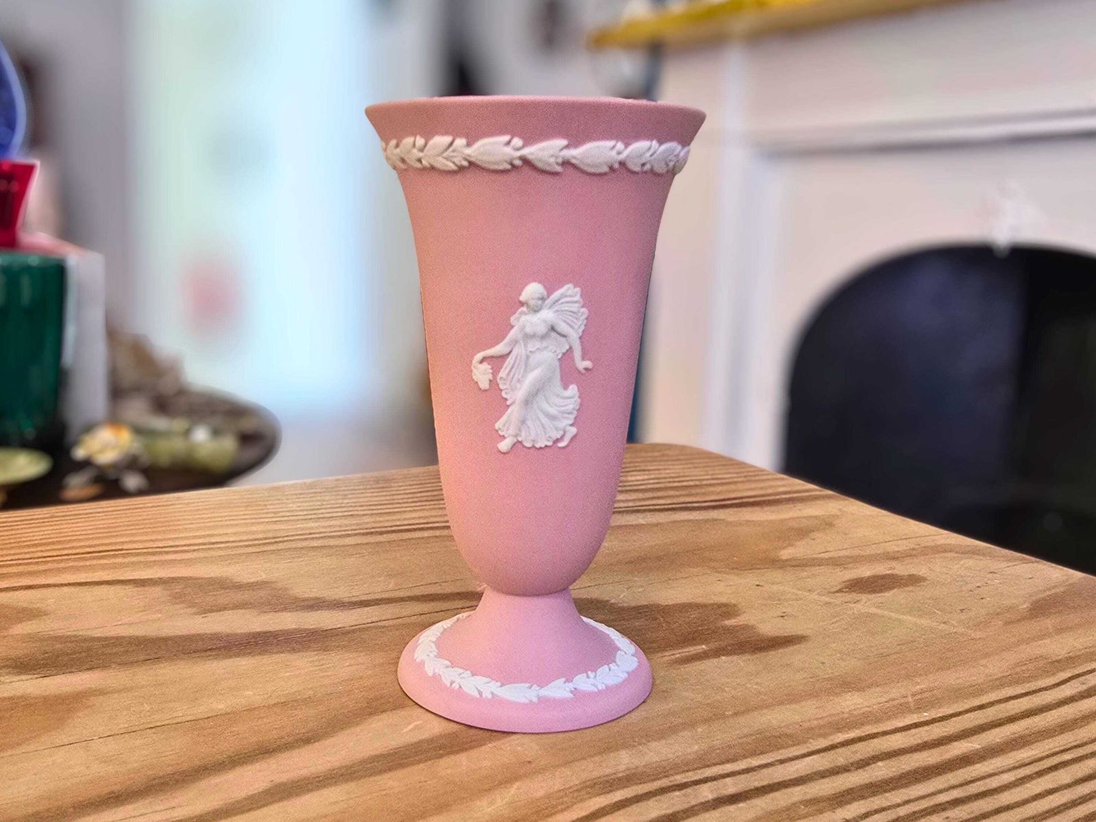 Wedgwood Pink Jasperware Small Vase   Dancing Woman Floral Border Bud Vase   Rare
