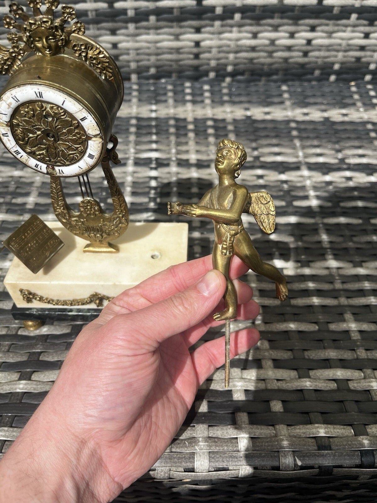 500.0 Antique French Louis XVI Style Lyre Clock Cherub Marble Mantel Clock Prop Repair photo
