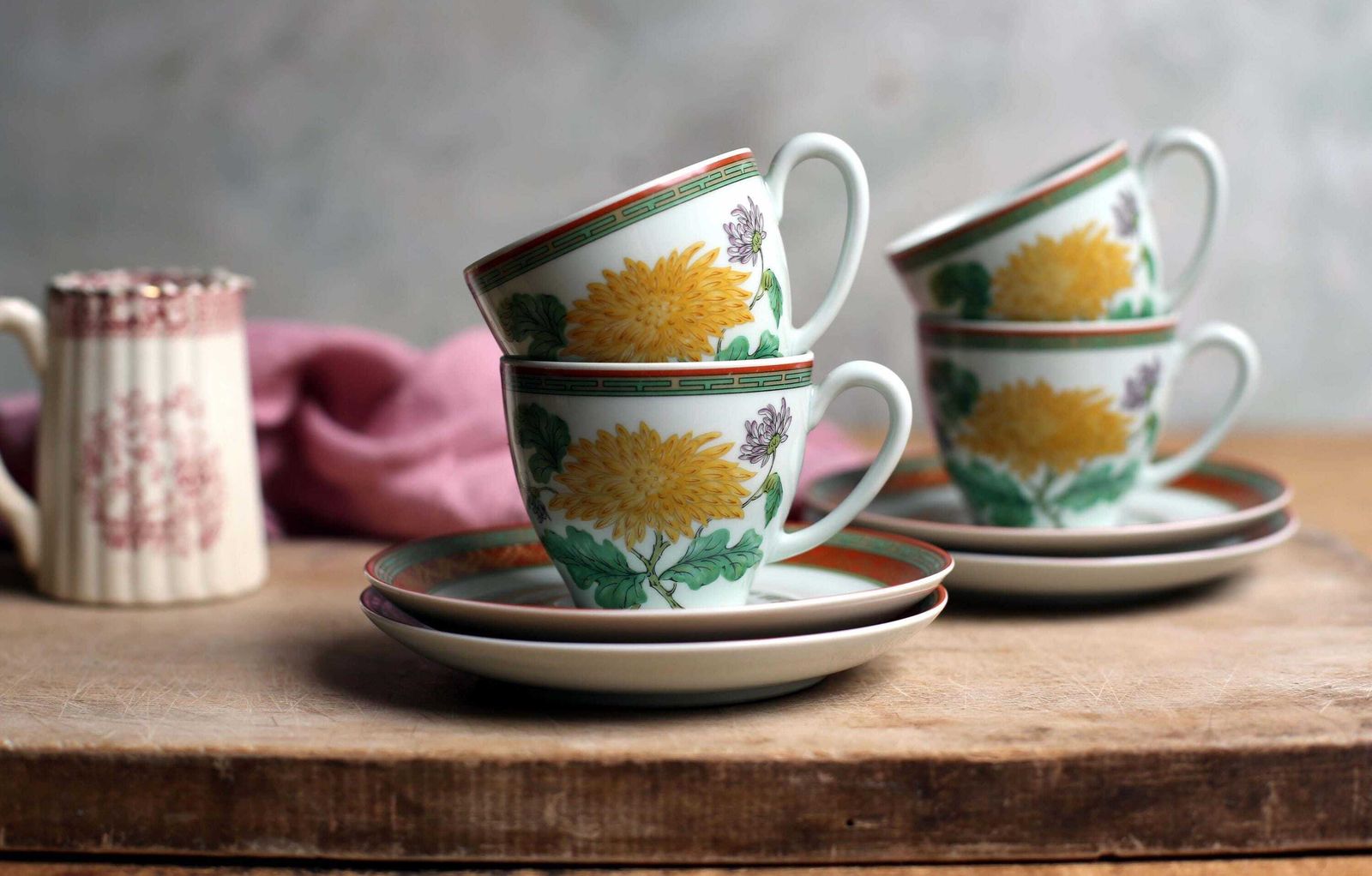 Set Of 4 Vintage Haviland Limoges Cups & Saucers Pate Celadon Chrysantheme French Porcelain Tea Set photo for sale