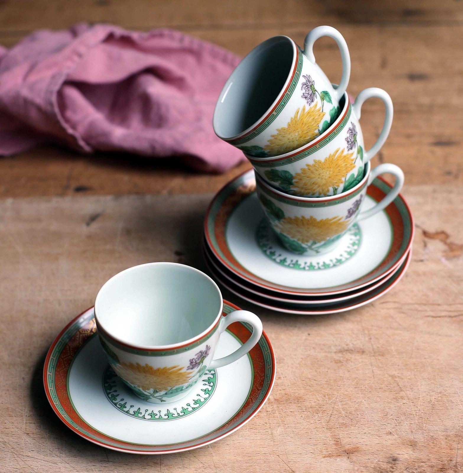 photo furniture Set Of 4 Vintage Haviland Limoges Cups & Saucers Pate Celadon Chrysantheme French Porcelain Tea Set