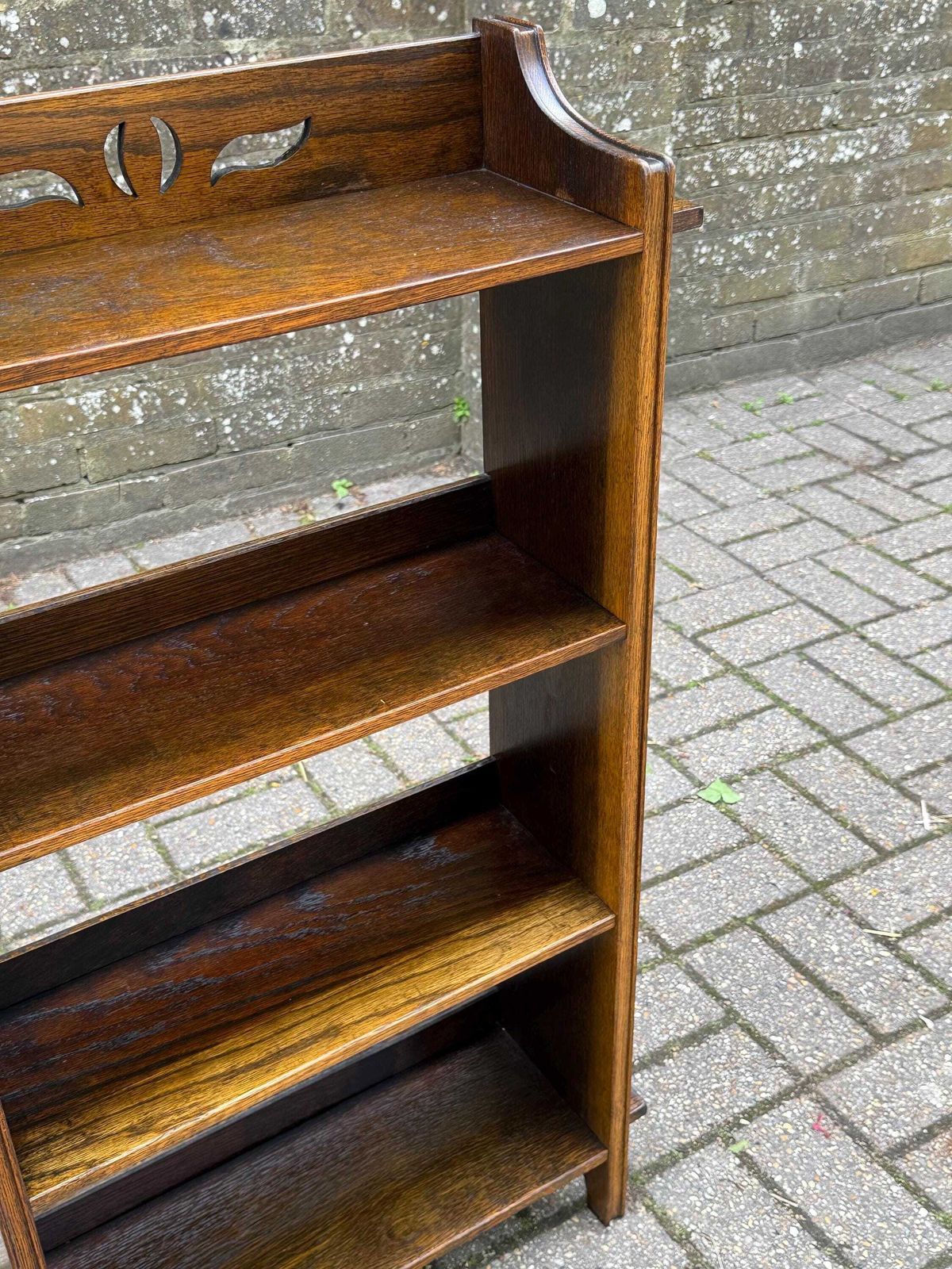photo buy Arts And Crafts Oak Small Open Bookcase With Cut Out Detail And Peg Joinery (56cm W, 96cm H)