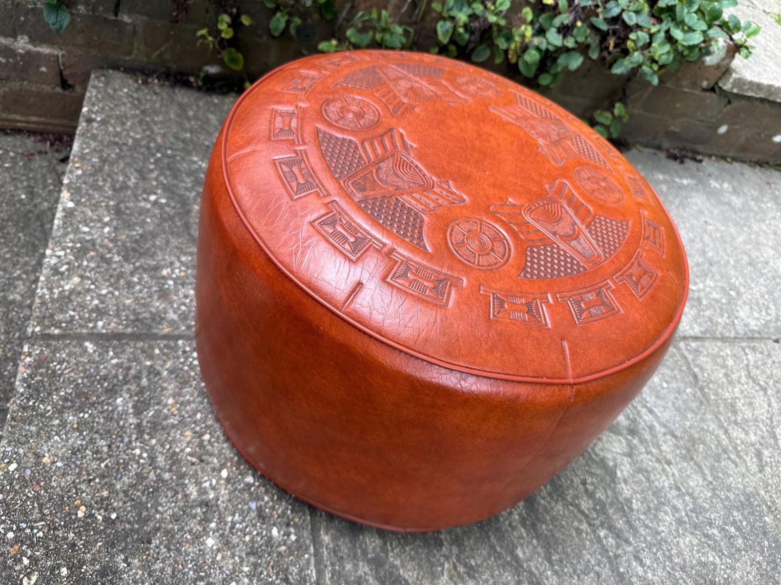 Vintage Moroccan Style Leatherette Pouffe Ottoman With Embossed Tribal Design   Heavy And Solid Quality photo furniture