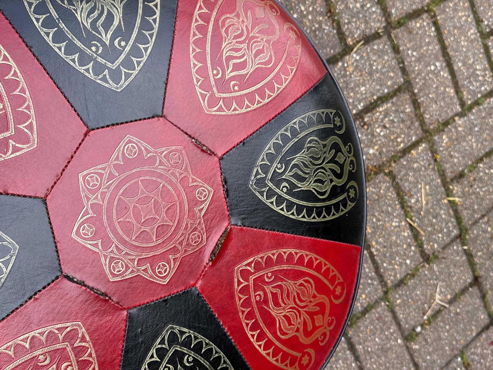 photo for sale Vintage 1970s Moroccan Style Pouffe Ottoman Footstool In Red & Black Leatherette Sherborne