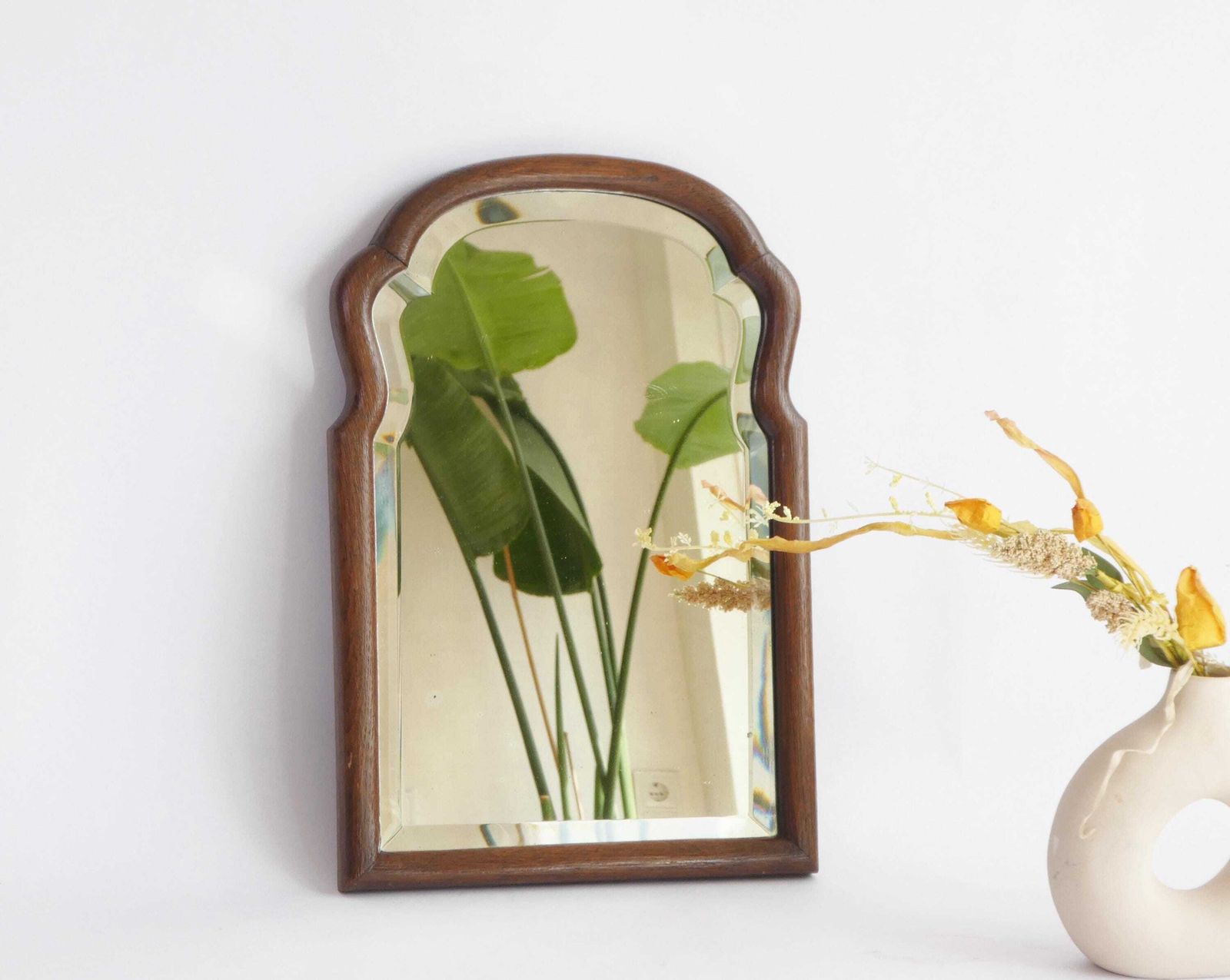 Antique Dutch Scalloped Beveled Mirror, Wooden Arched Wall Mirror, Farmhouse Decor
