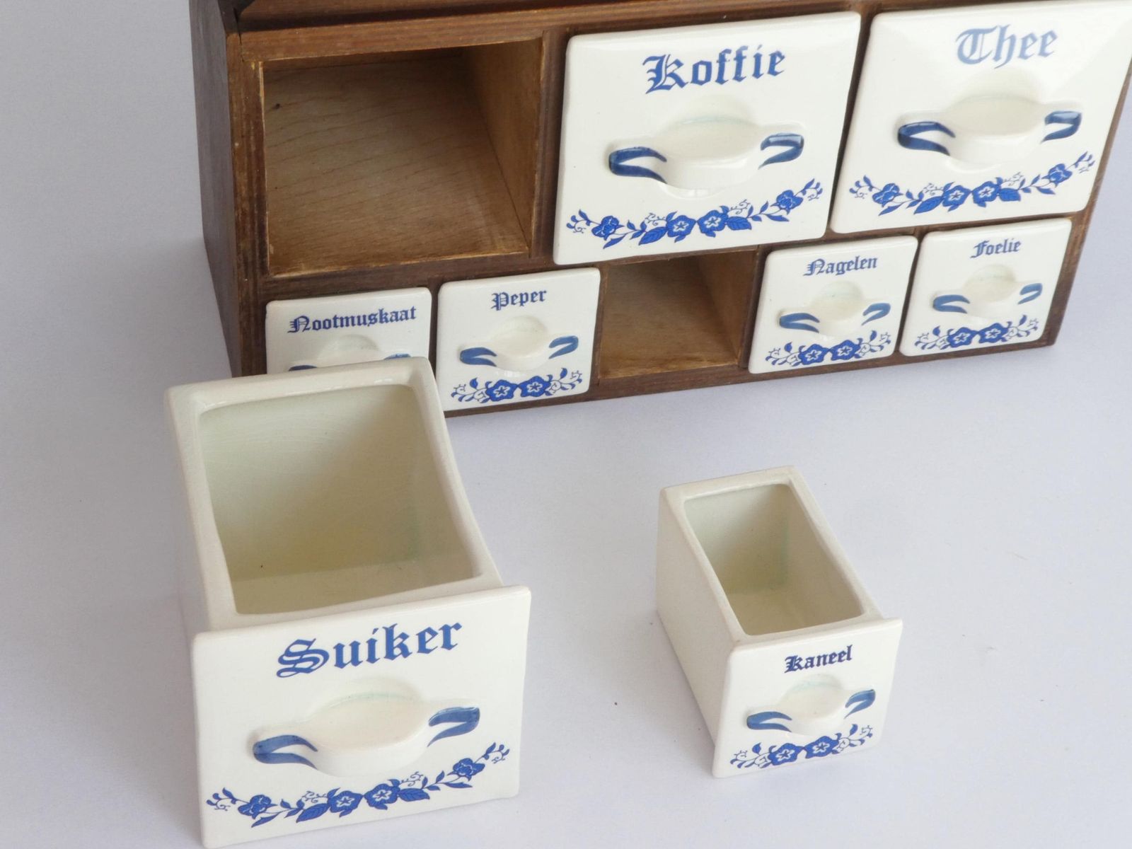 Antique Dutch Spice Cabinet With Ceramic Drawers, Floral Herbs Kitchen Rack With White And Blue, Original Farmhouse Decor Organiser photo vintage