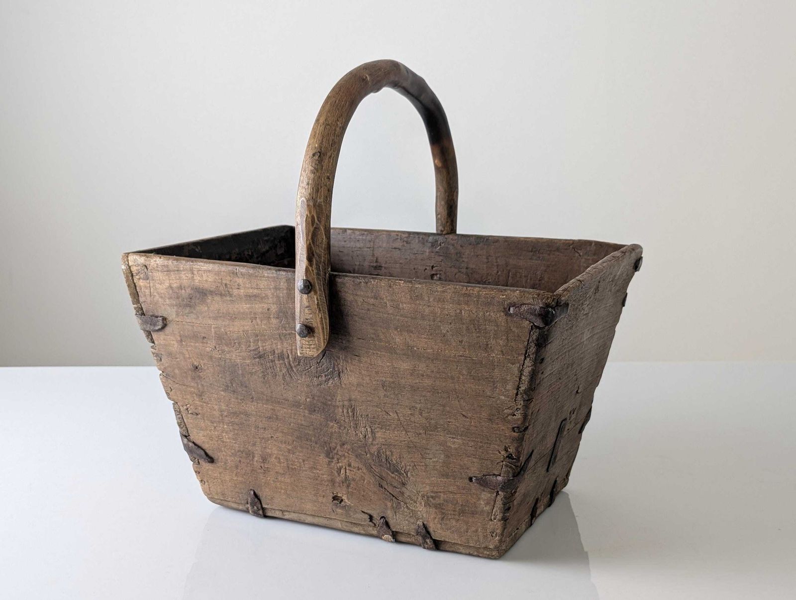 Antique Wooden Log Basket With Wrought Iron Fittings, Wabi Sabi, 19th Century