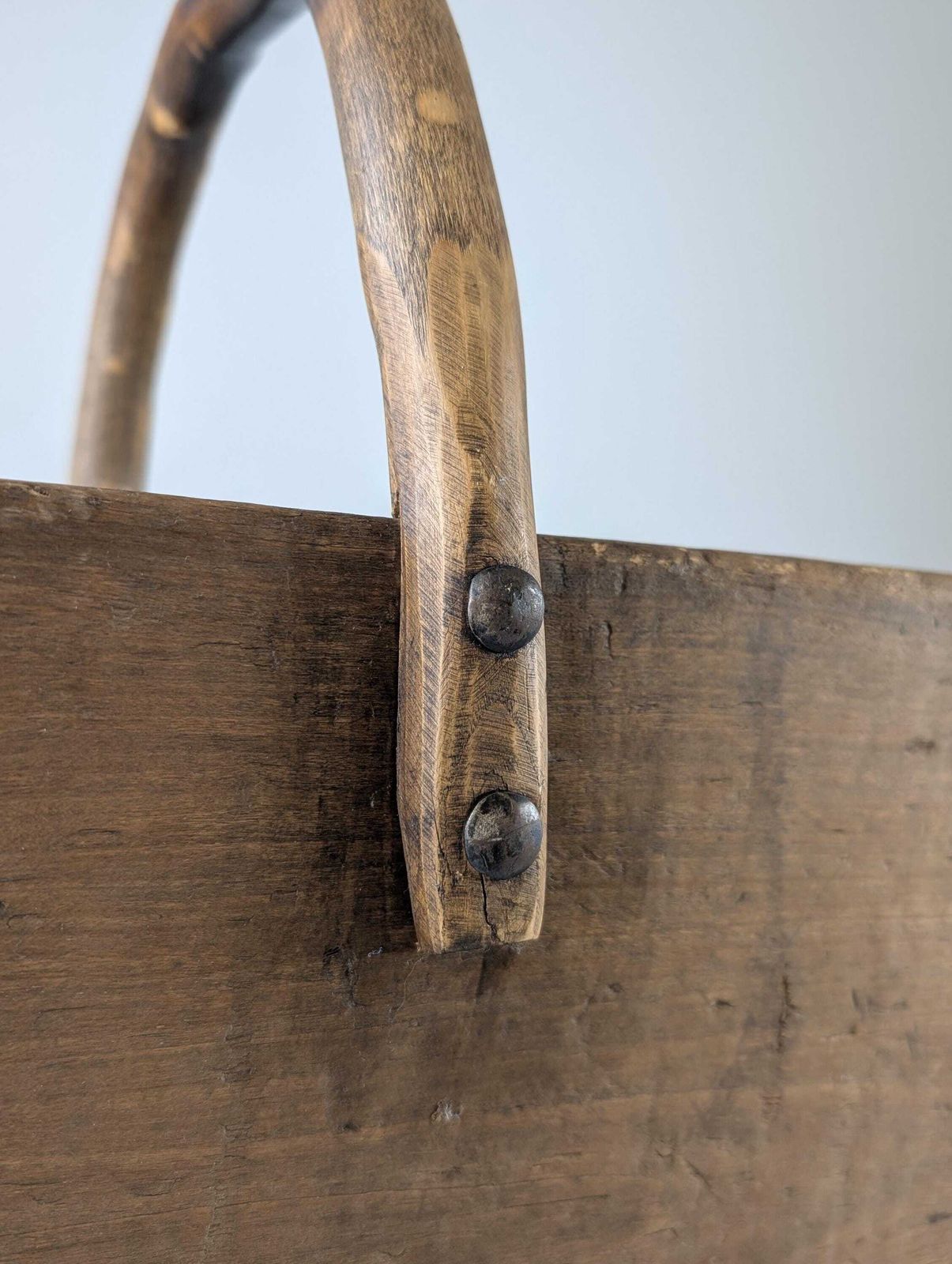 photo buy Antique Wooden Log Basket With Wrought Iron Fittings, Wabi Sabi, 19th Century