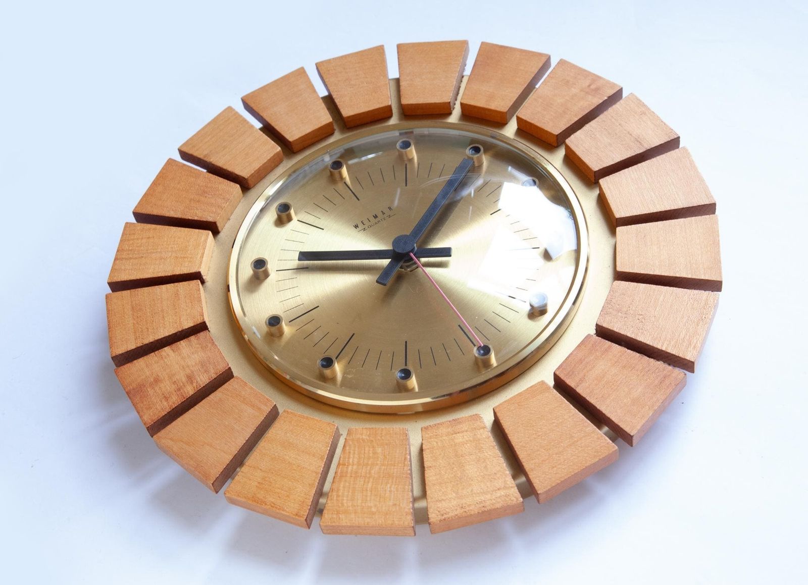 Mid Century Weimar Germany Wall Clock   Modernism Danish 70s Brass Wood Space Age Atomic Gdr Starburst Mcm 60s photo furniture