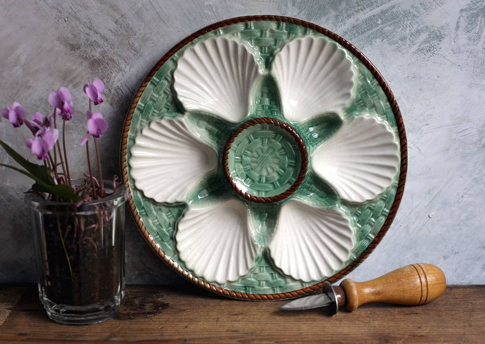 Antique Oyster Serving Plate French Green & White Majolica Basket Design Longchamp