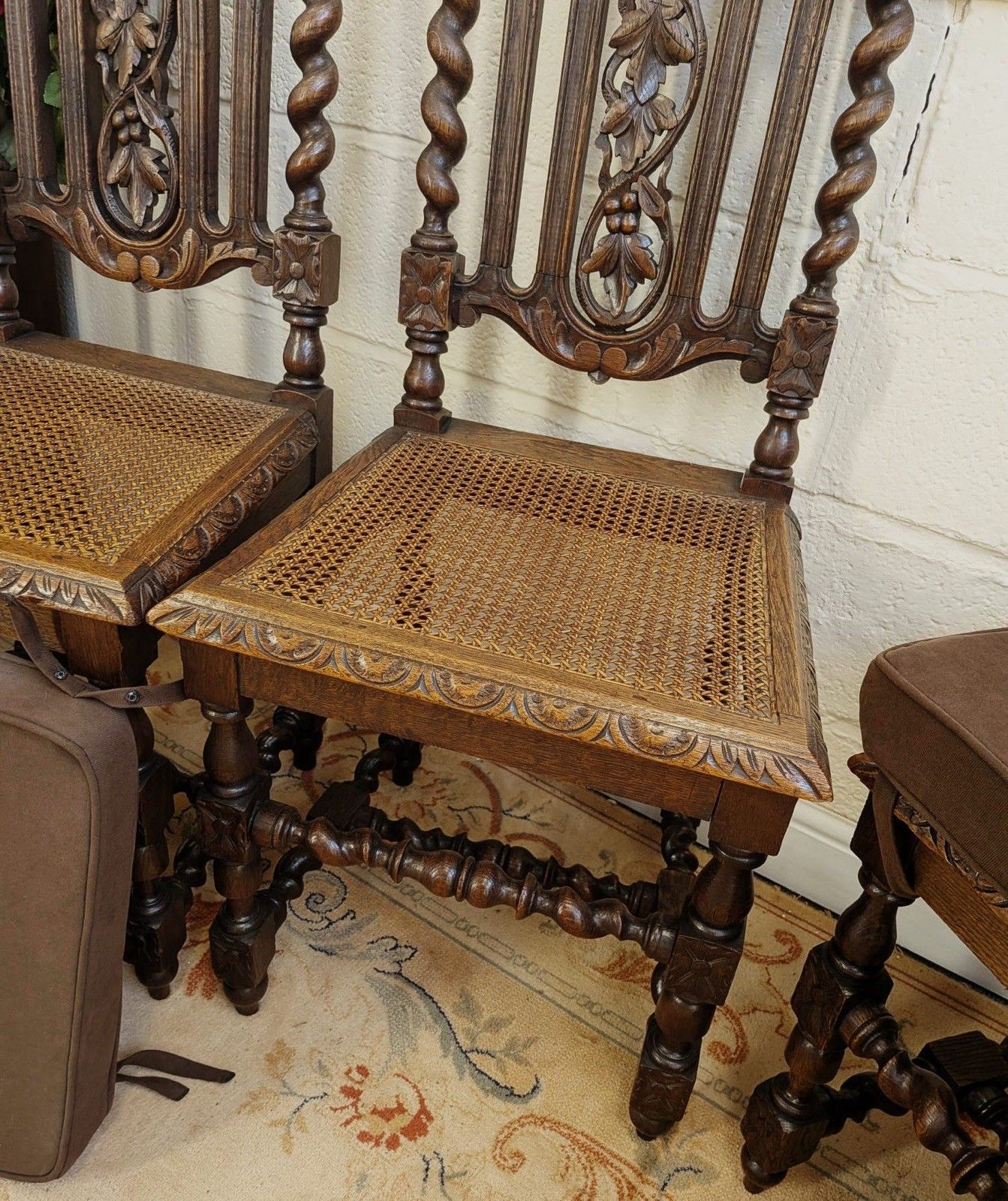 Set Of 6 Victorian Carved Rattan Seated With Cushion Dining Chairs photo for sale