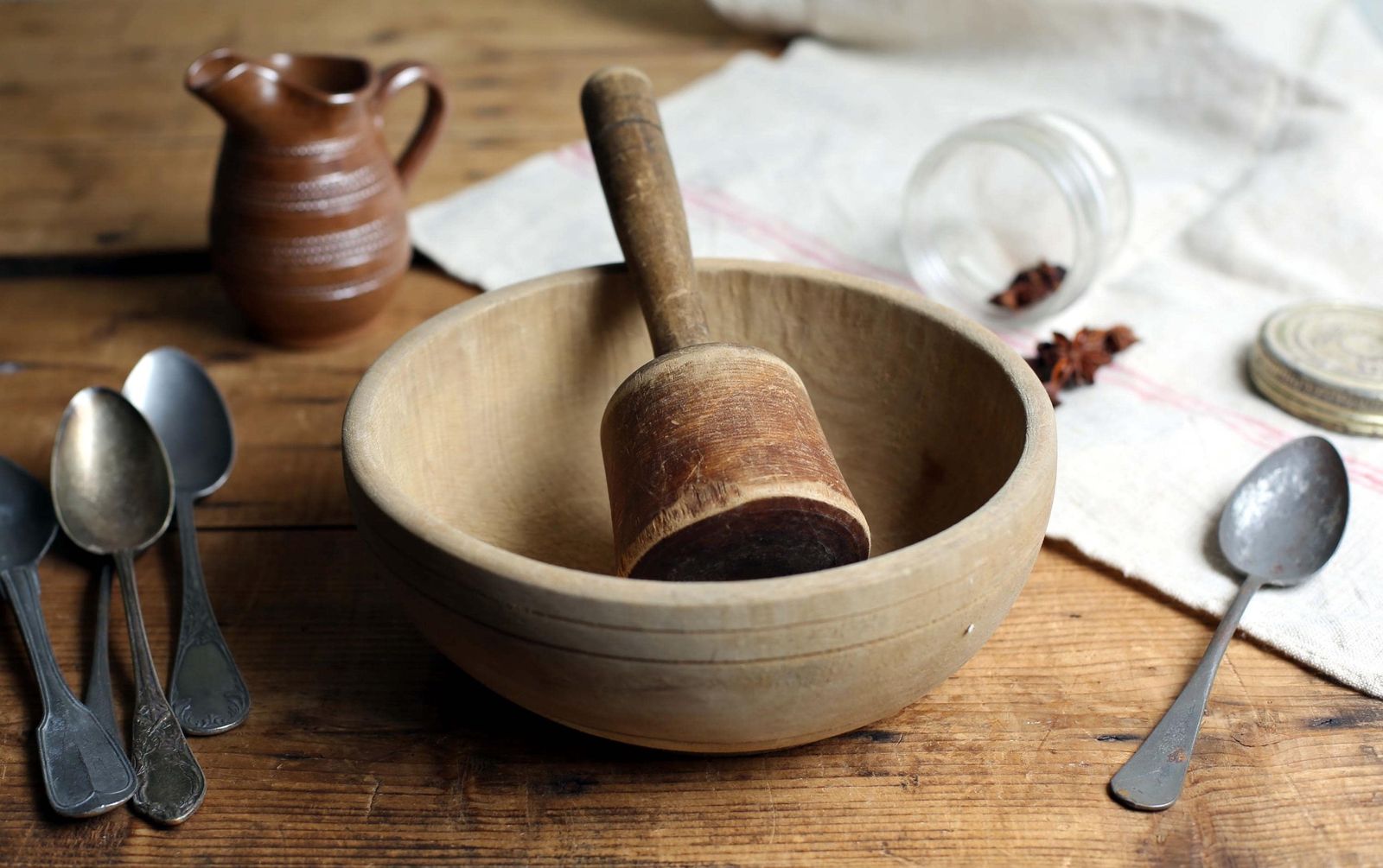 Antique French Wooden Pestle & Mortar Antique Primitive Masher Apothecary Spice Grinder Old Wooden Bowl