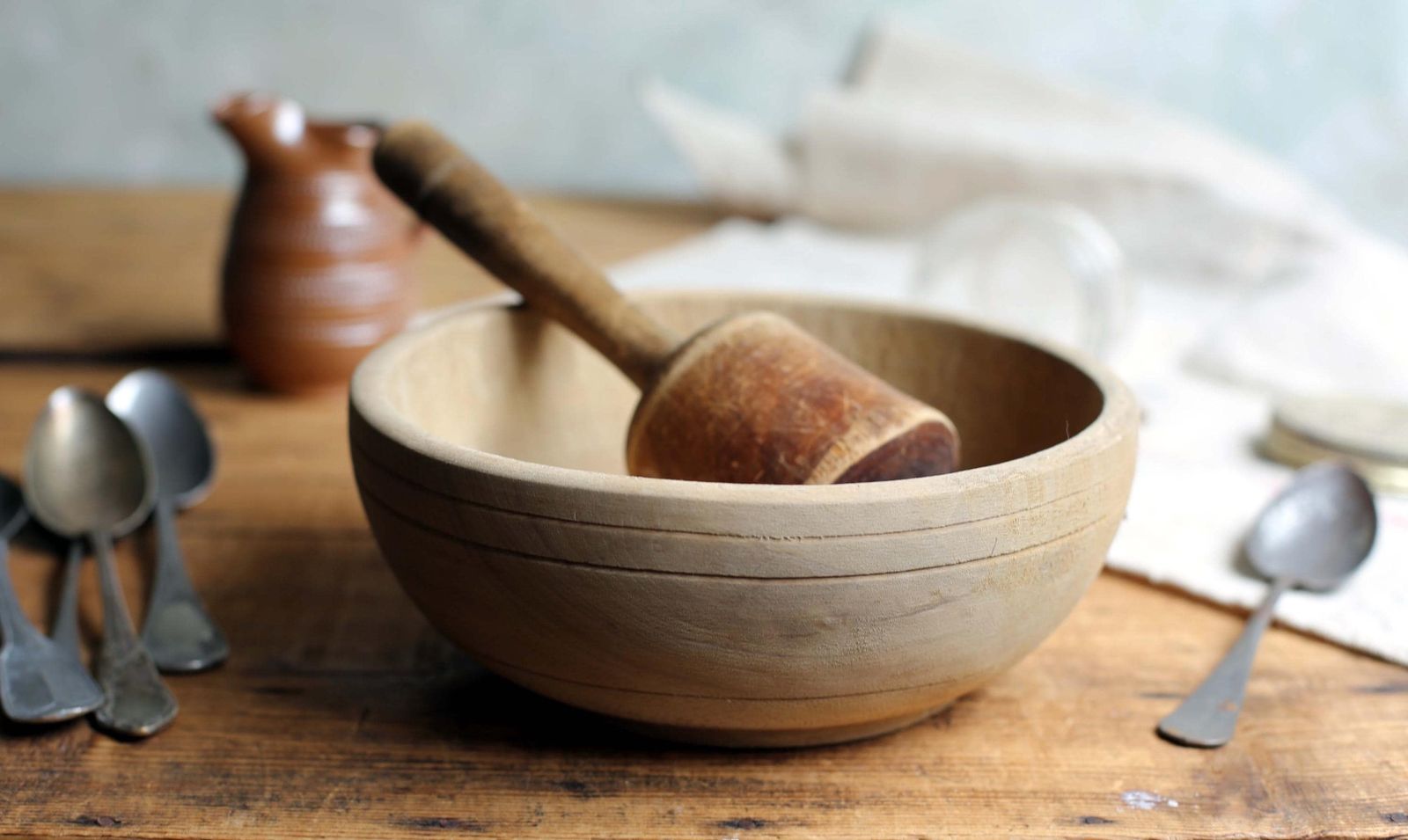 Home Decor Antique French Wooden Pestle & Mortar Antique Primitive Masher Apothecary Spice Grinder Old Wooden Bowl photo