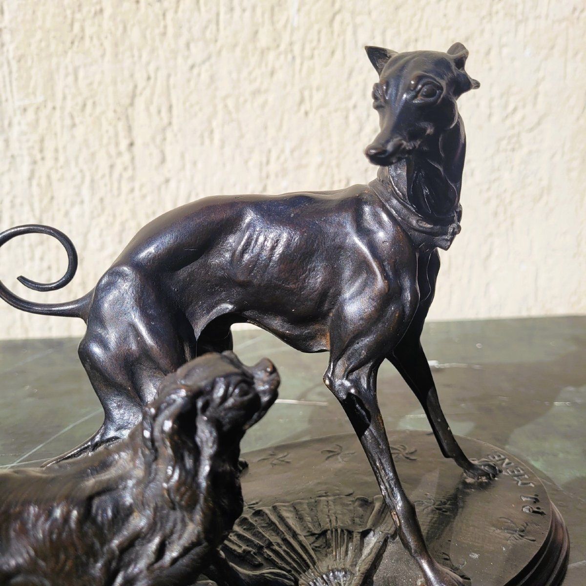 photo furniture P J Mêne, Greyhound And King Charles, Signed Bronze, 19th Century
