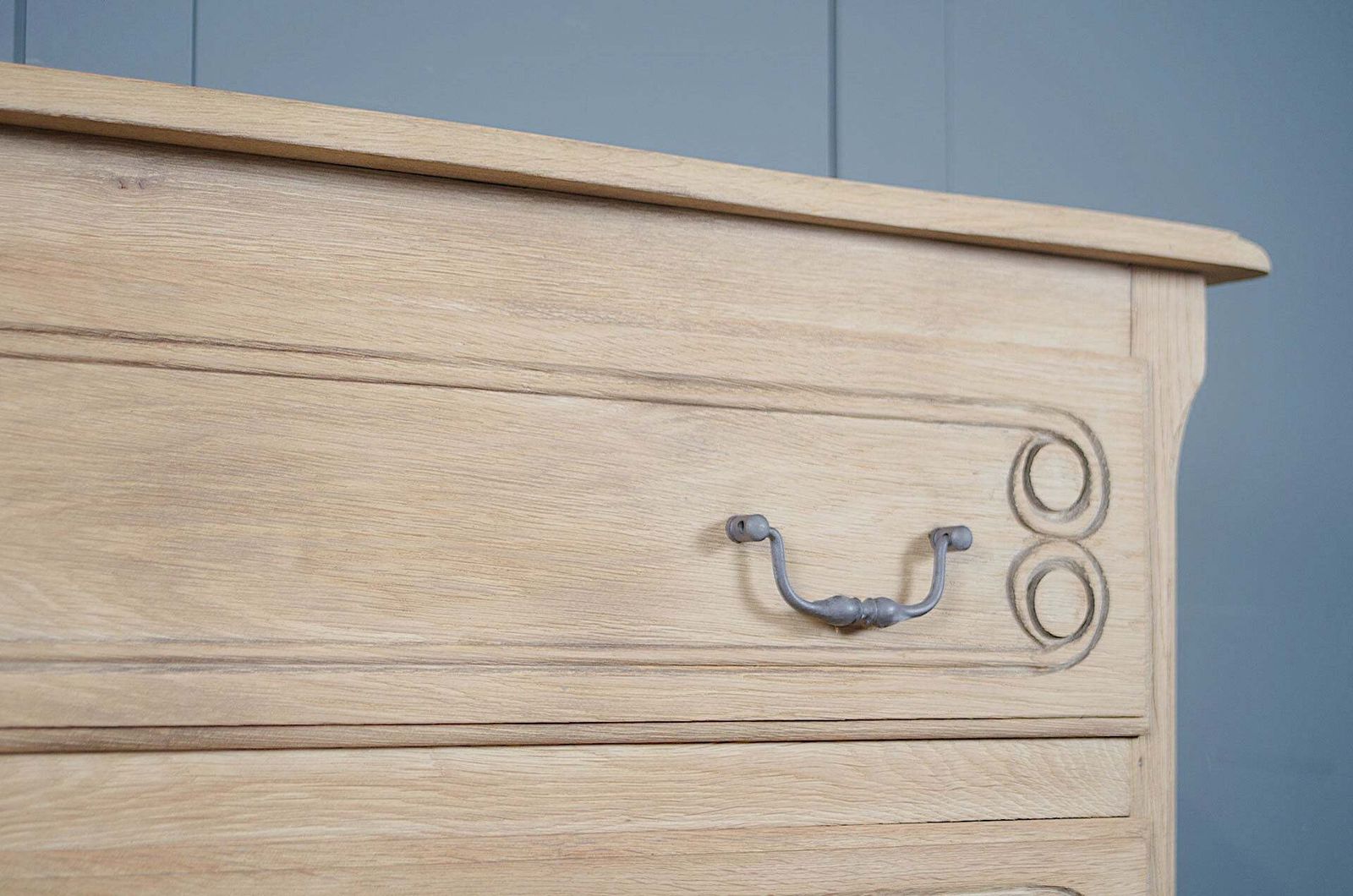 Antique Stripped French Light Oak Chest Of Drawers With Iron Handles & Carved Detail photo Furniture