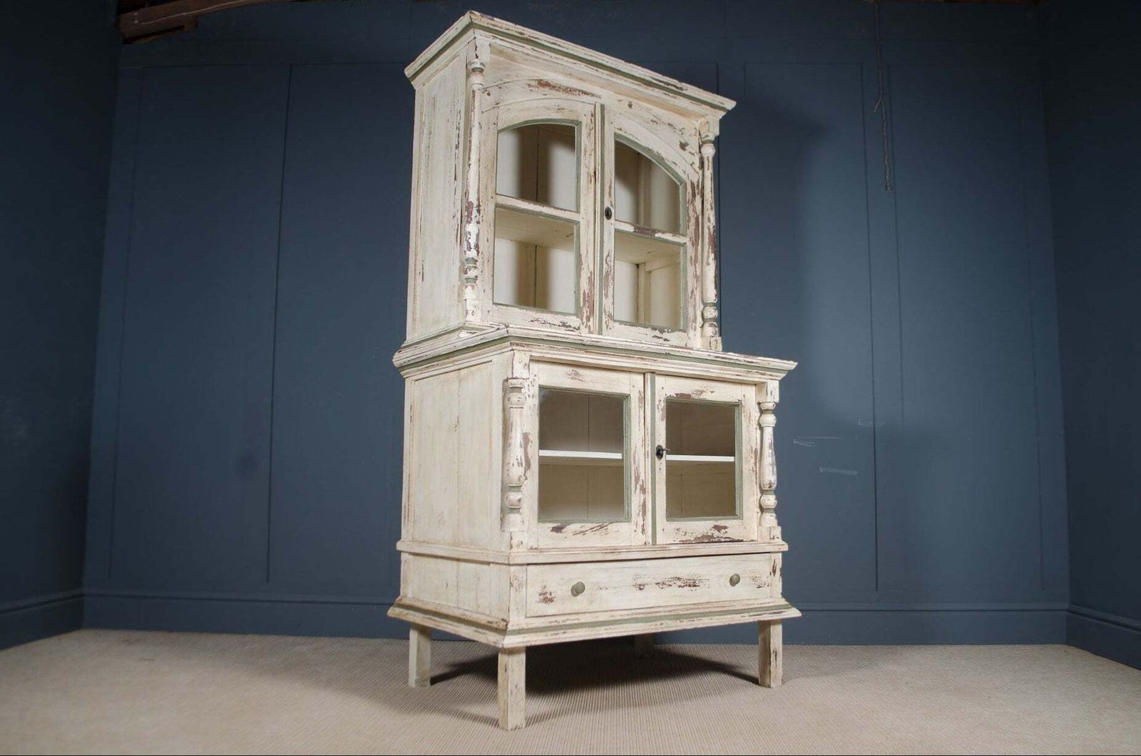 Painted French Glazed Kitchen Dresser In Cream & Green, With Shelves Cupboards