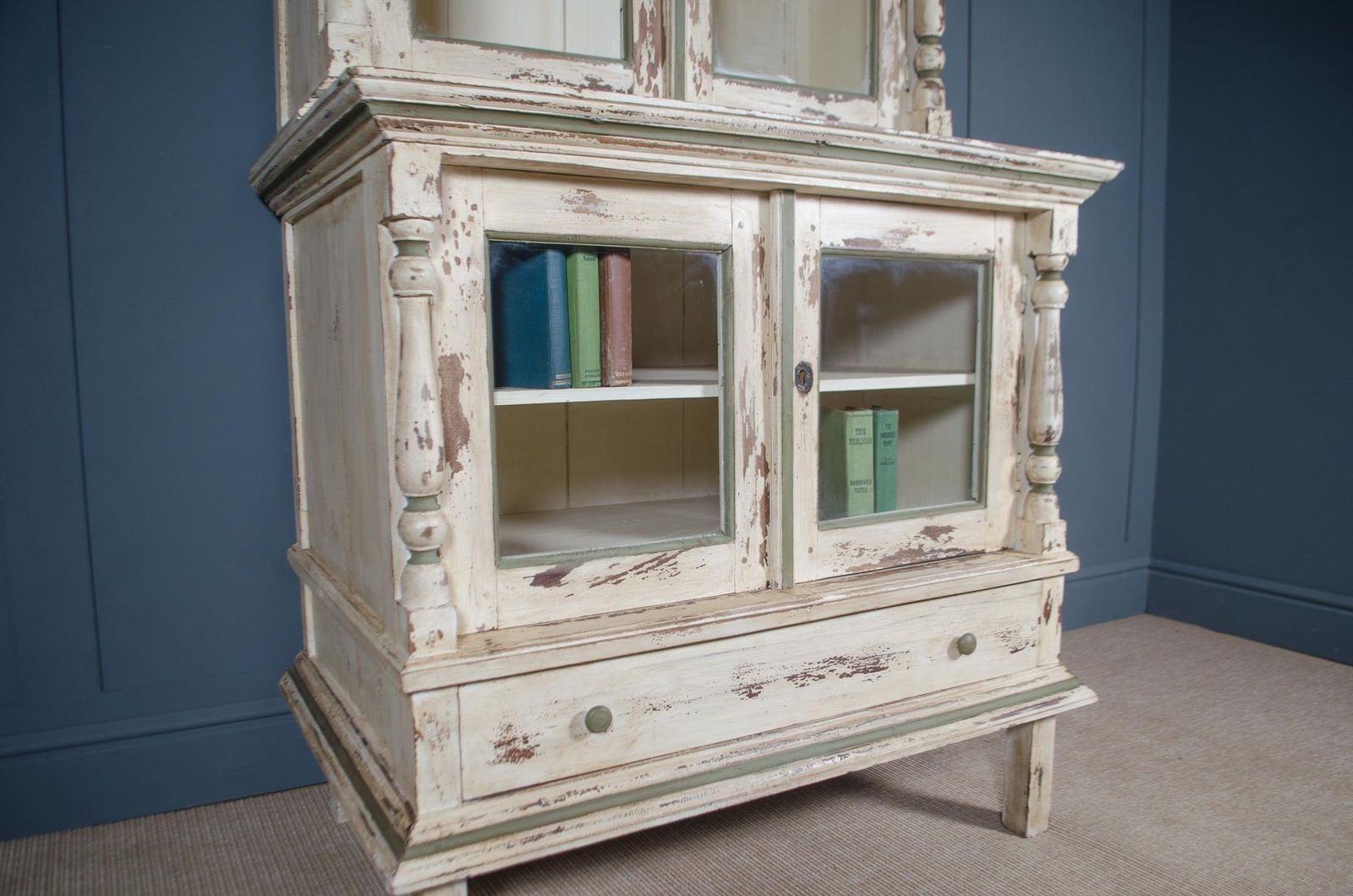 Painted French Glazed Kitchen Dresser In Cream & Green, With Shelves Cupboards photo for sale
