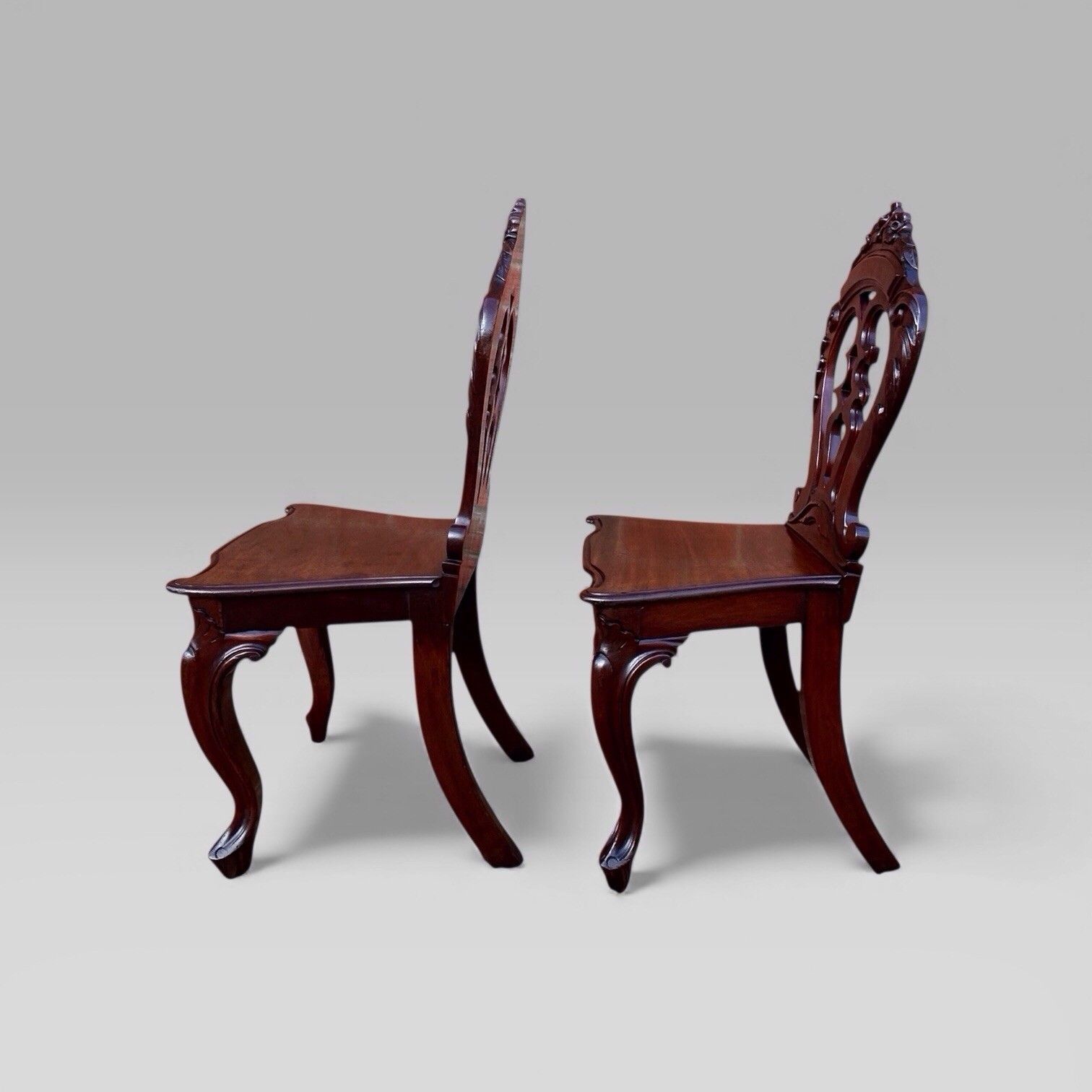 Antique Pair Of Victorian Carved Mahogany Hall Chairs photo vinterior