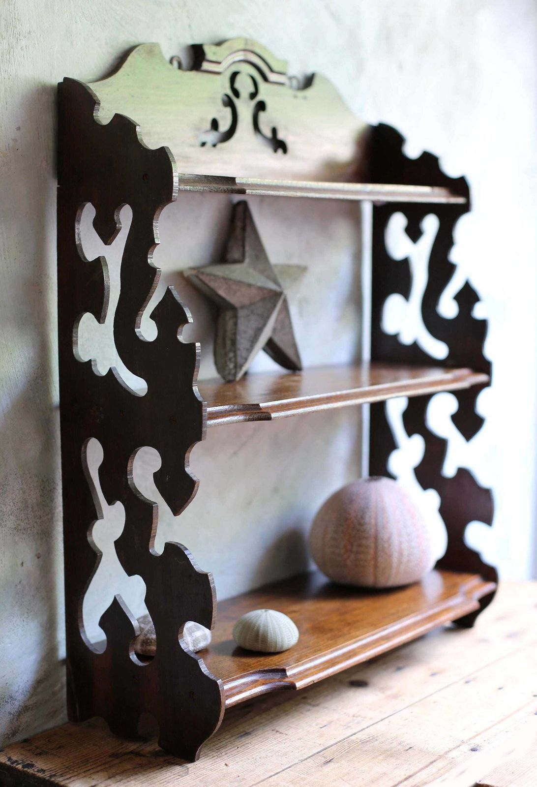 Antique French Gothic Bookcase Shelves Small Wooden Church Wall Mounted Shelf Unit photo vintage
