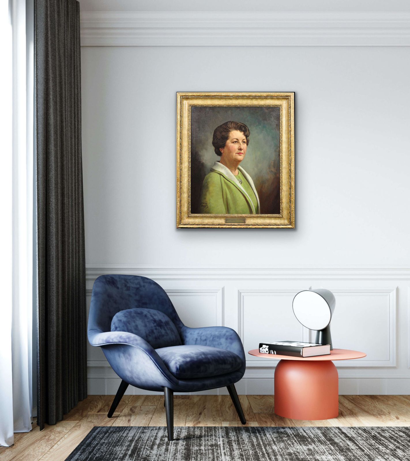 Howard Barron. Katherine Merry Nee Horstmann, directrice de la Horstmann Gear Company, 1946, ville de Bath. Portrait de femme dans l'industrie, huile sur toile encadrée, années 1940. photo buy
