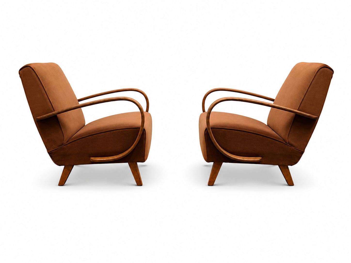 Set Of Two   1930s Jindrich Halabala Bentwood Armchairs In Cognac Velvet