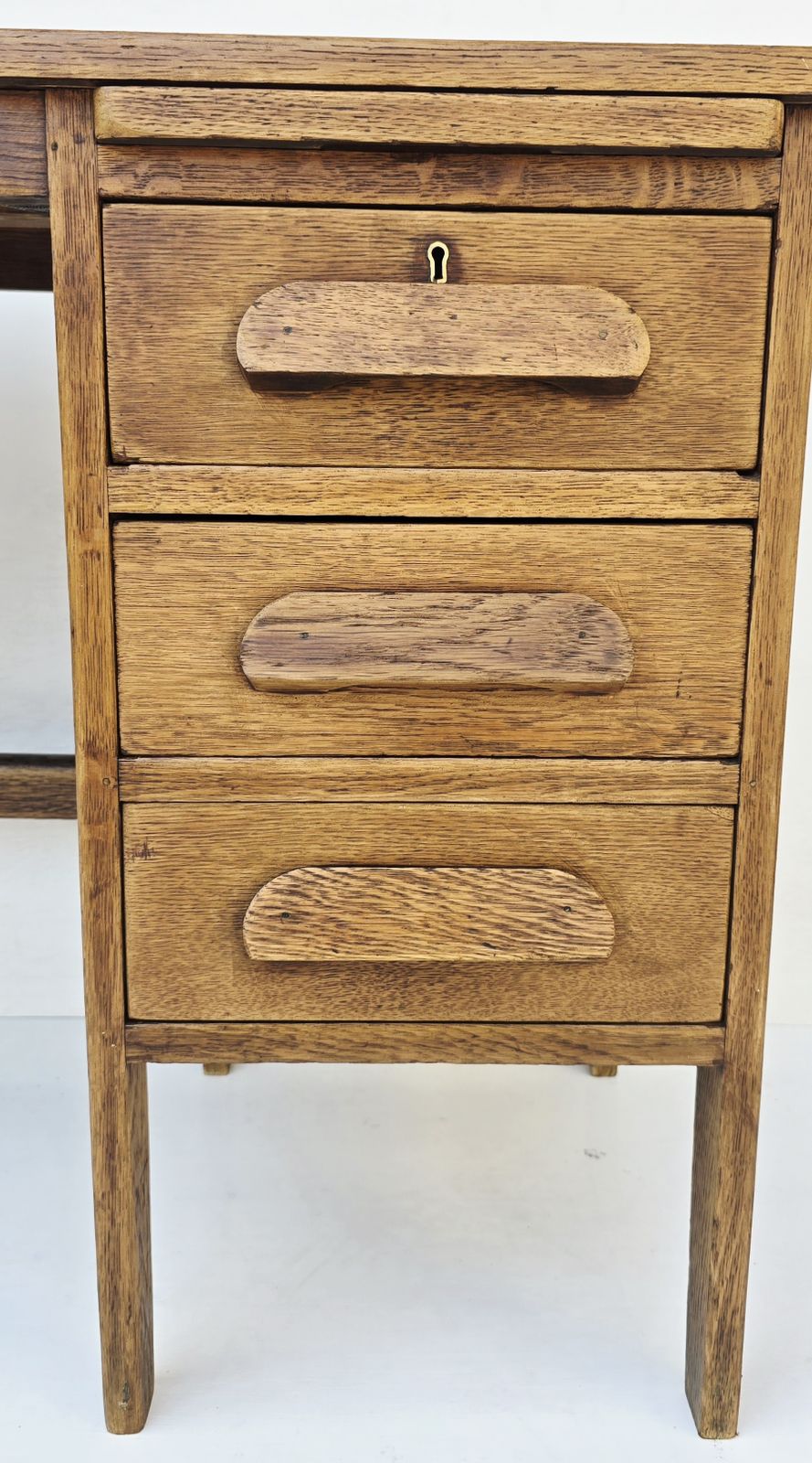 520.0 A Petite Mid Century Oak Drop Leaf Desk, Single Pedestal. photo