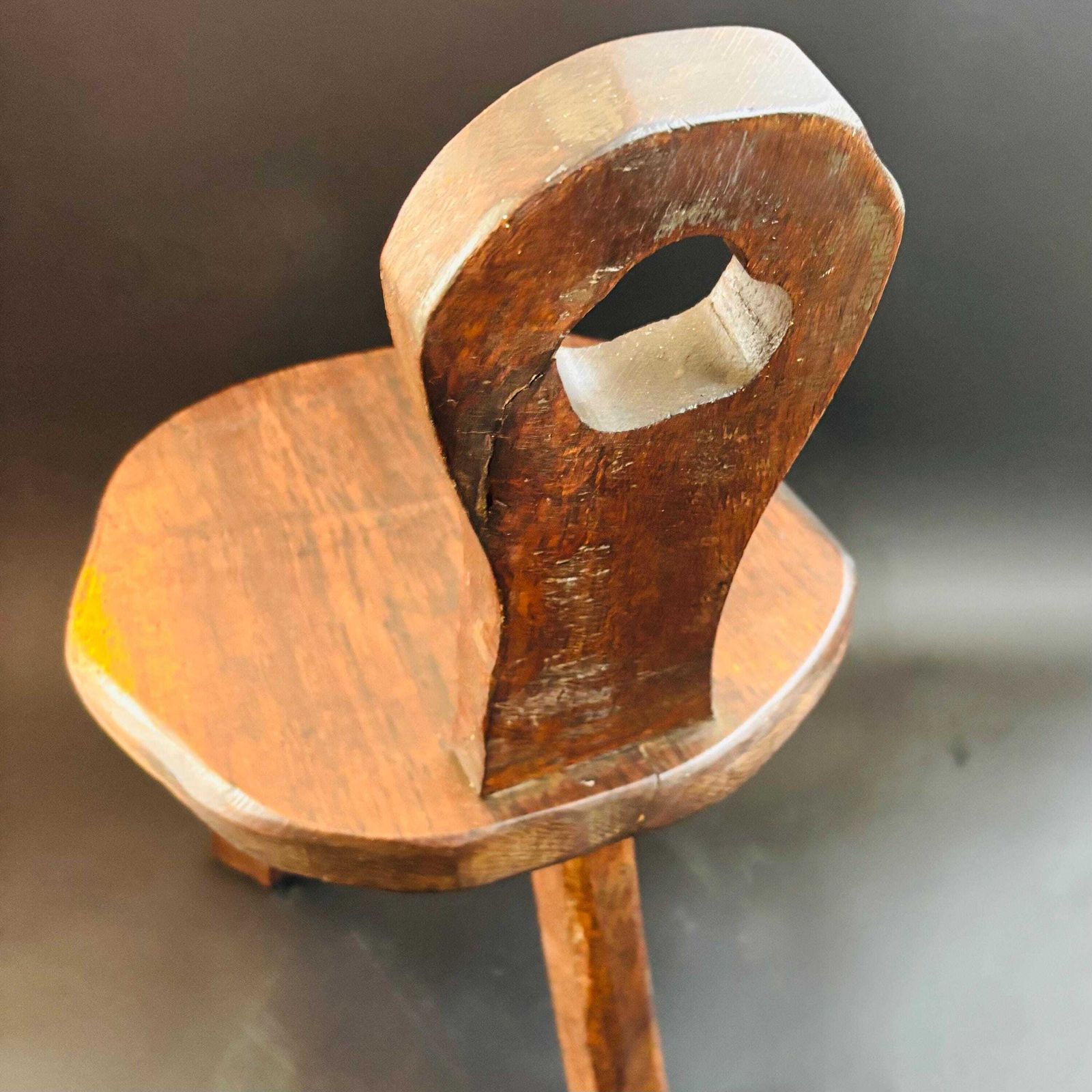 photo buy Mid Century Wanderwood Brutalist Tripod Chair Spinning Chair Hand Carved Elm Stool