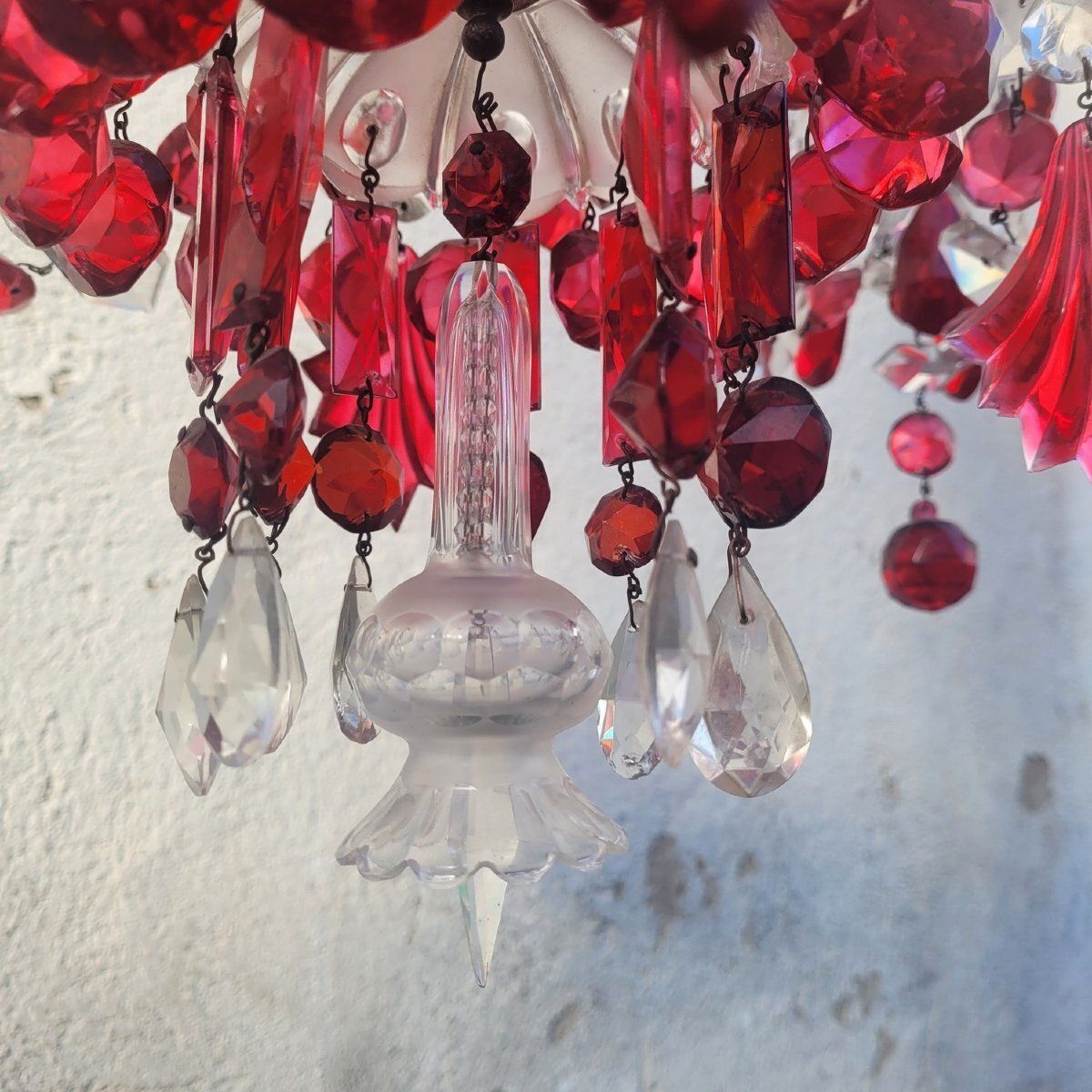 Red And Transparent Bohemian Crystal Chandelier, 20th Century photo vintage