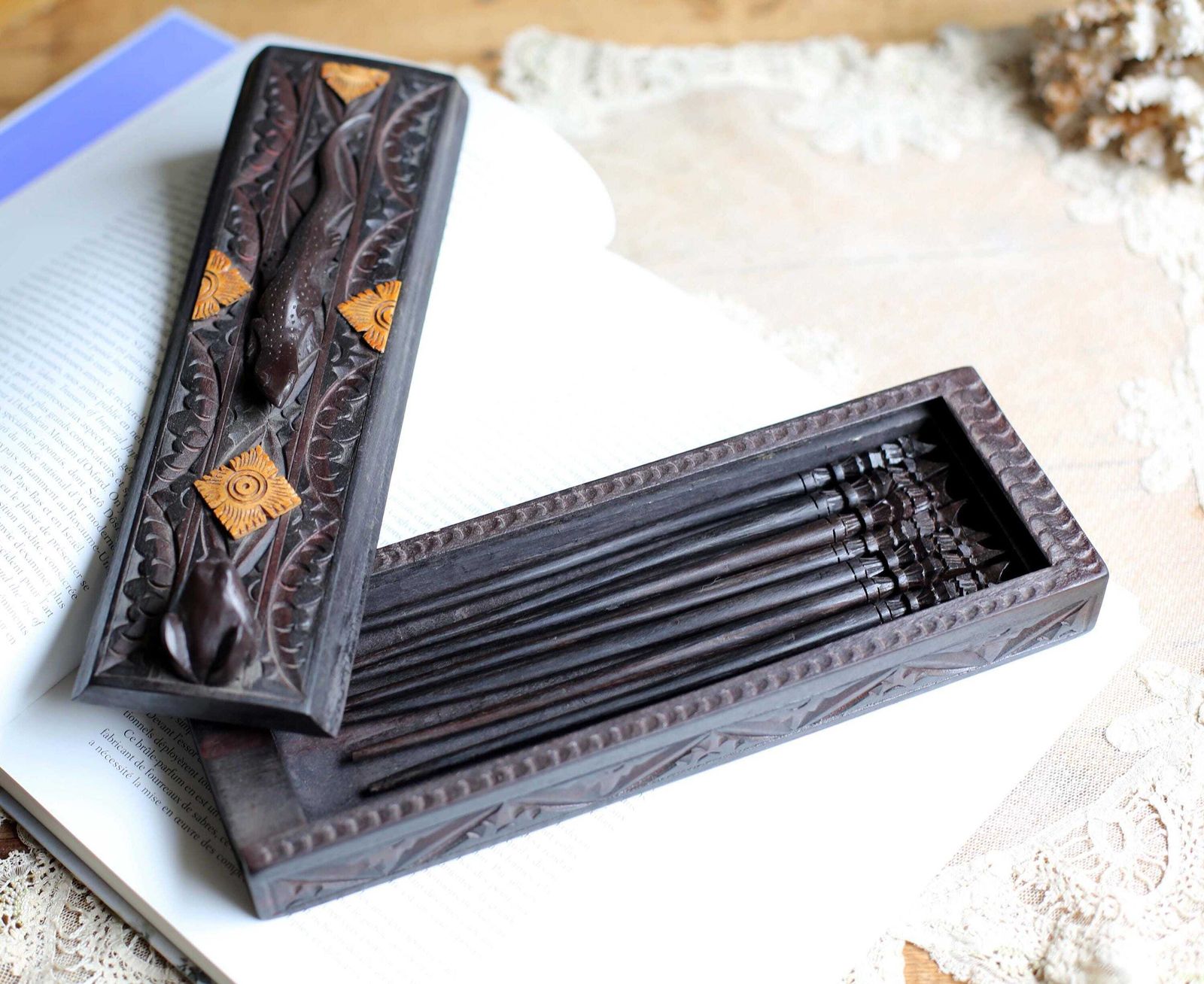 Vintage Balinese Chopstick Set Wooden Box Carved Frog & Lizard Indonesian photo for sale