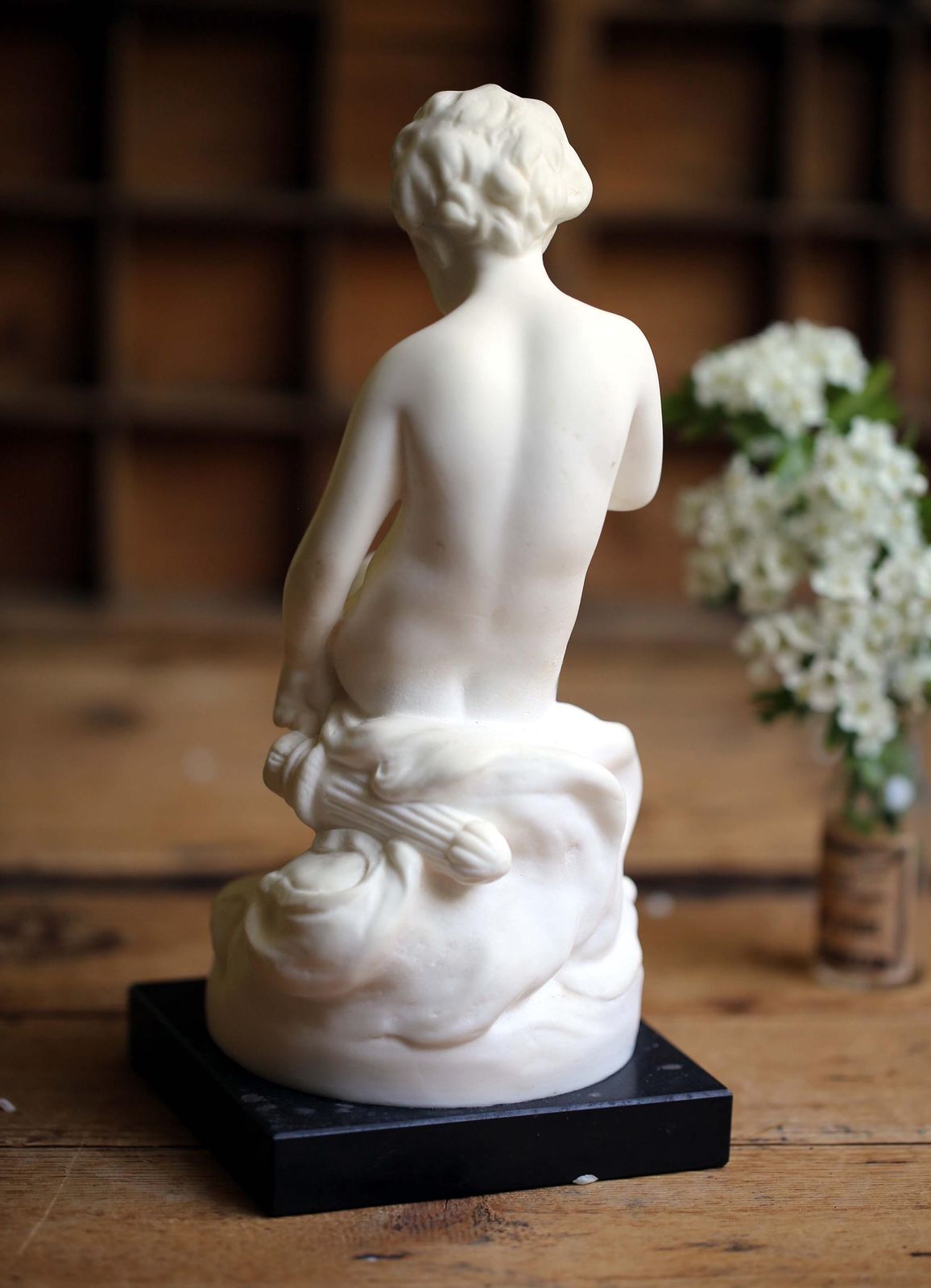 Antique Seated Cupid Eros Figurine Wax Marble Young Boy With Quiver Statue After Etienne Maurice Falconet photo vintage