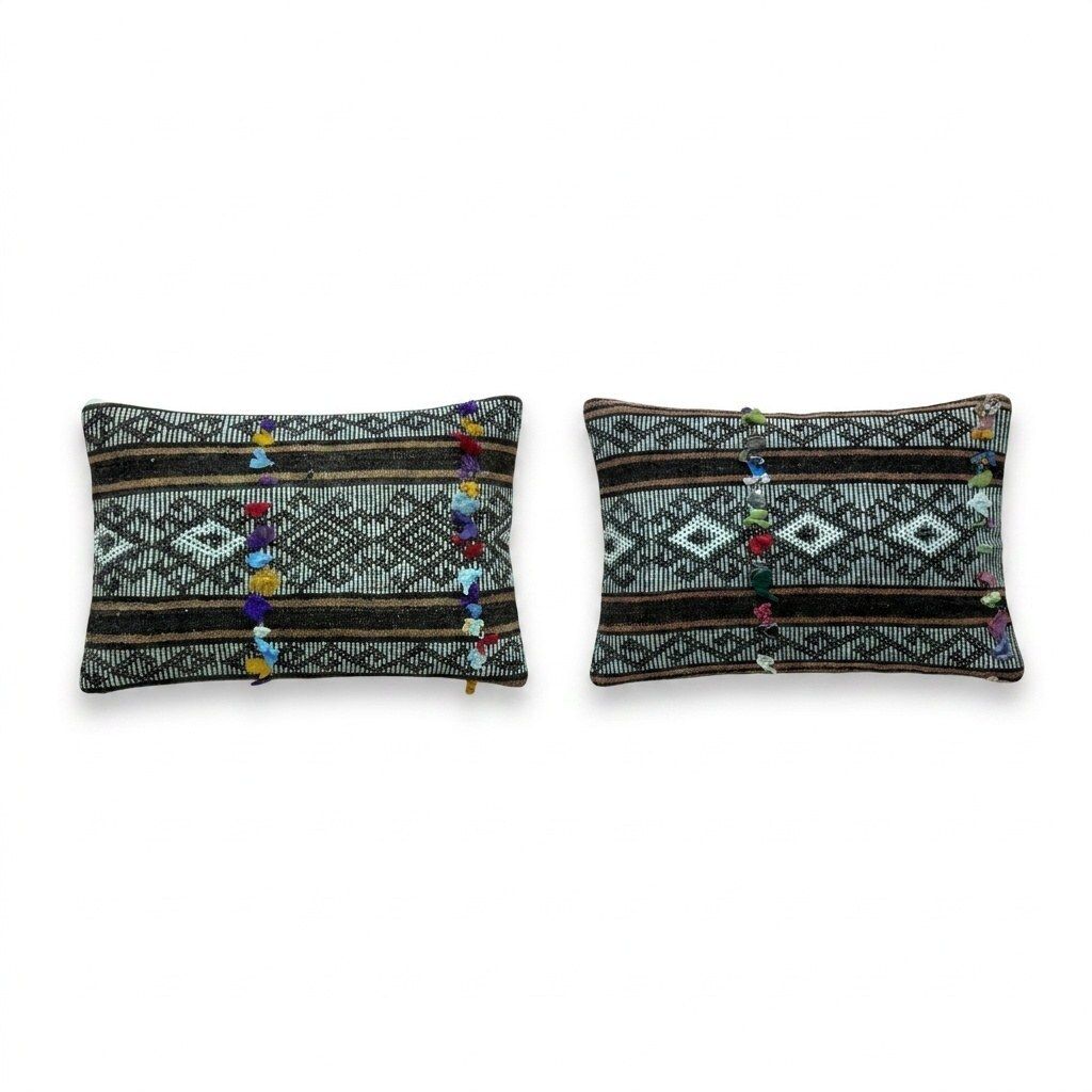 Vintage Anatolian Kilim Lumbar Pillow Cover 40 X 60 Cm & 39 X 60 Cm   Set Of Two