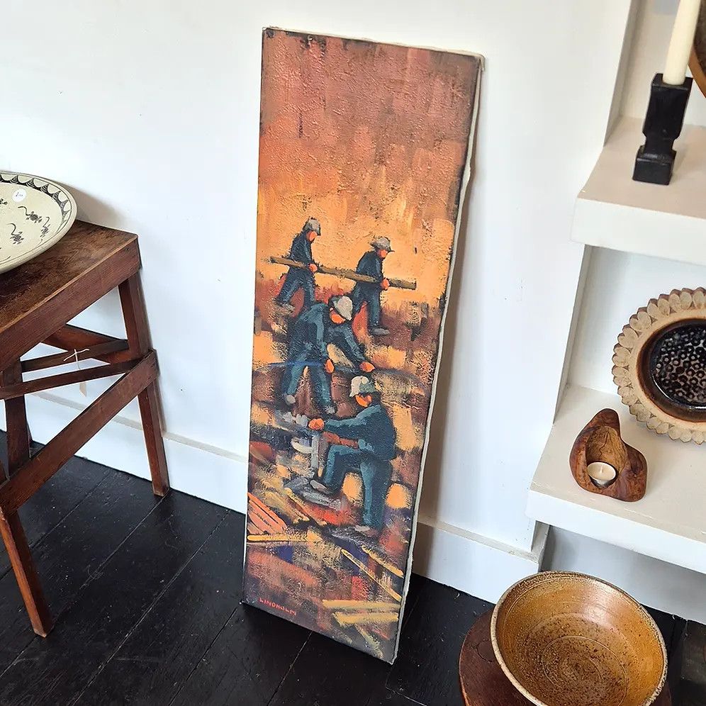 1970's Danish Mid Century Abstract Fireman Painting: Modernist Or Brutalist Style photo Art