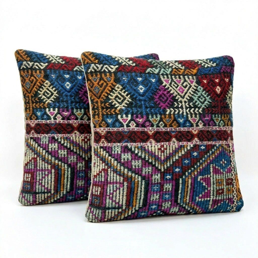 Turkische Wollen Kilim Kussenhoes 49 x 50 cm, Set van Twee photo for sale
