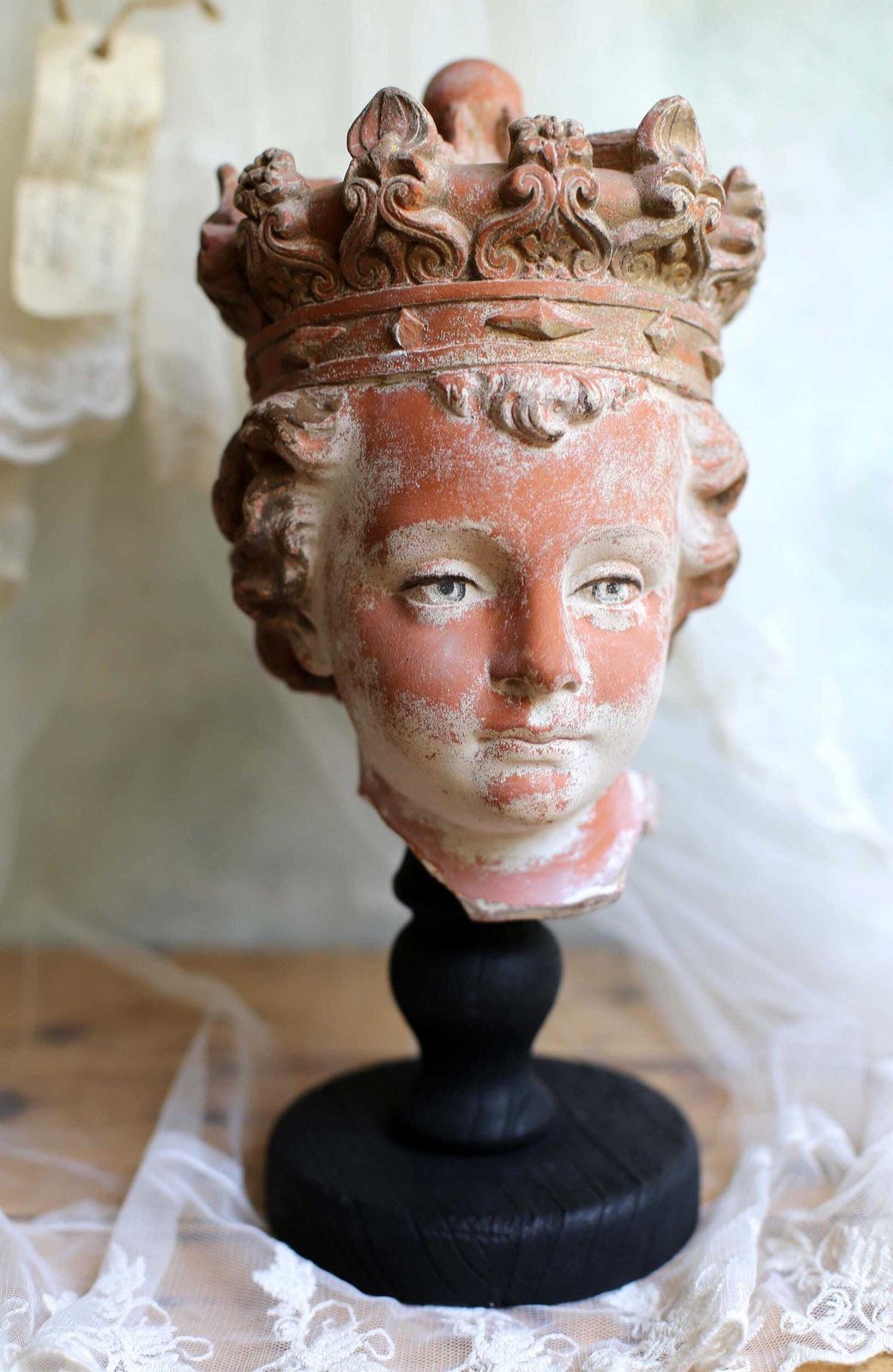 Antique Infant Jesus Head Gothic Style Bust Polychrome Terracotta Christ Statue On Wooden Stand photo for sale