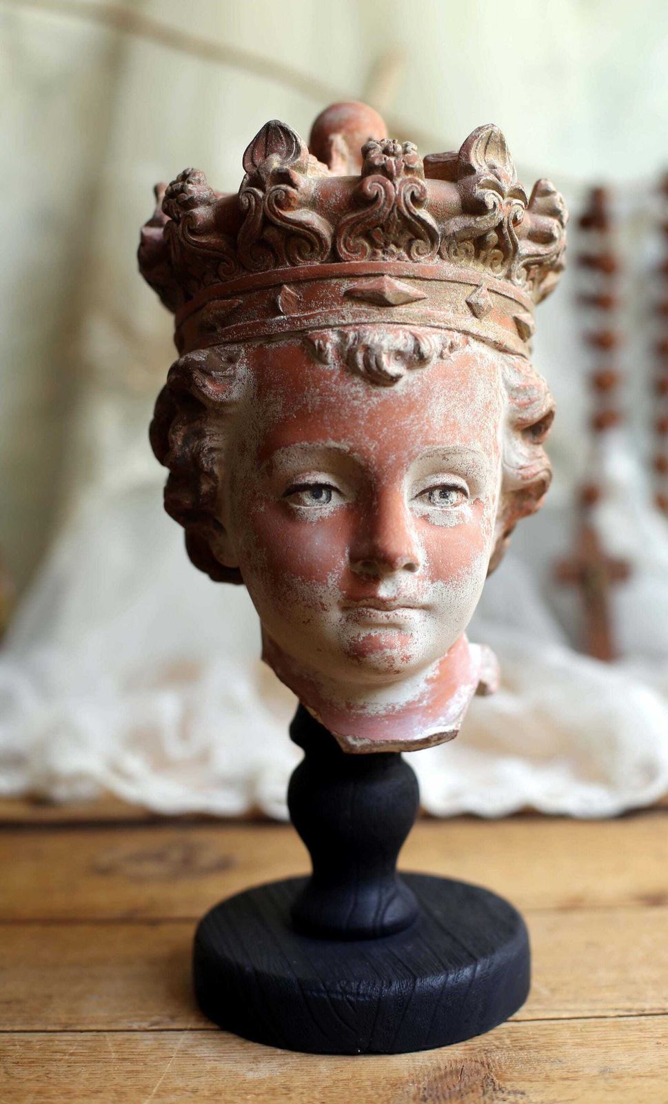 Art Antique Infant Jesus Head Gothic Style Bust Polychrome Terracotta Christ Statue On Wooden Stand photo