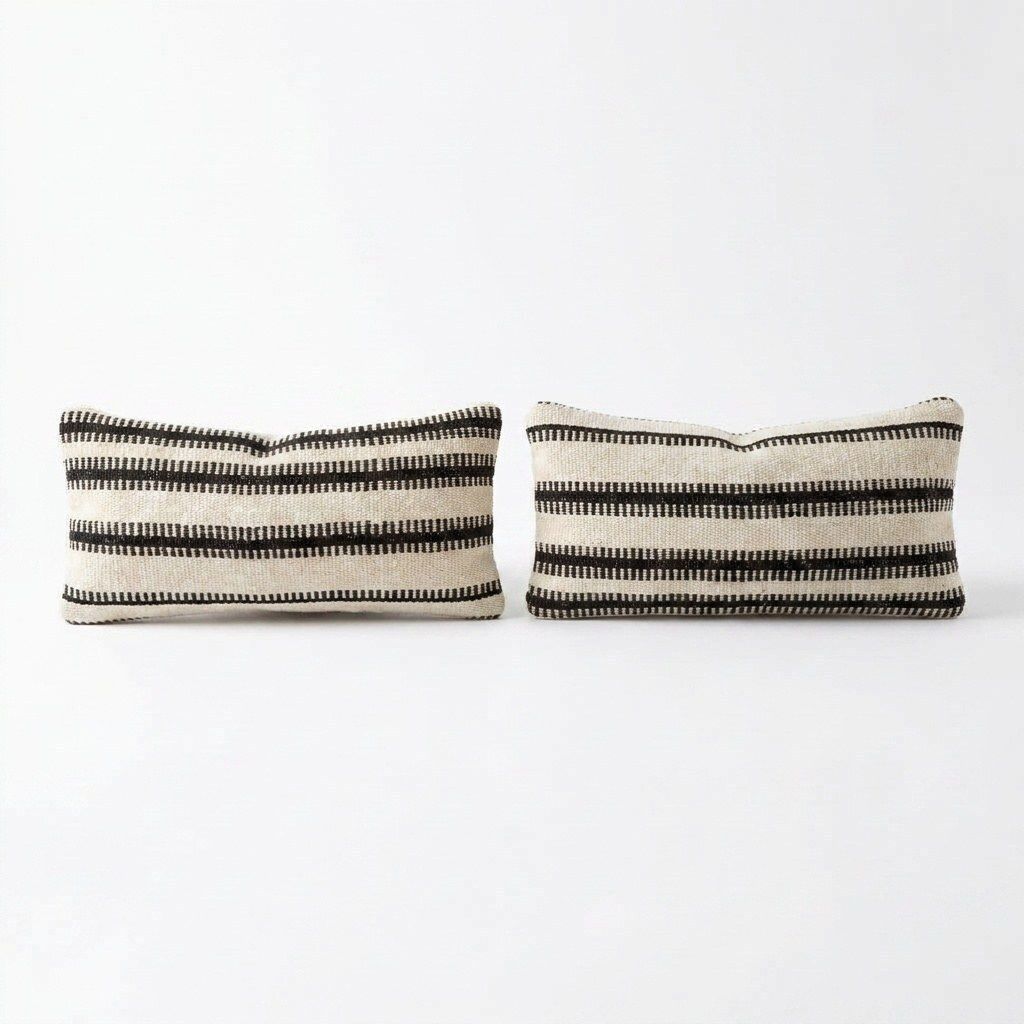 Turkish Wool Kilim Lumbar Pillow Cover 25 X 52 Cm   Set Of Two