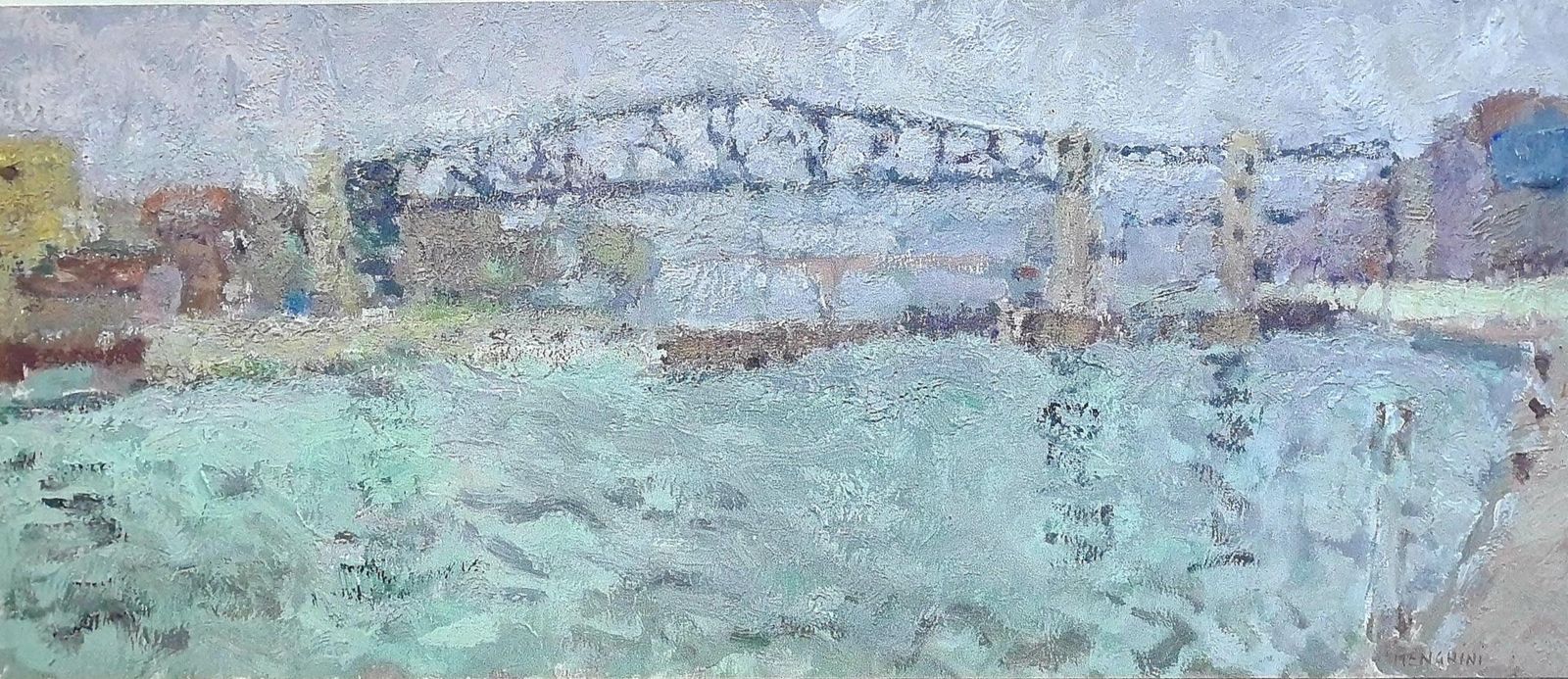 Harbour Scene And Bridge, Oil On Card, Signed, Late 20th Century