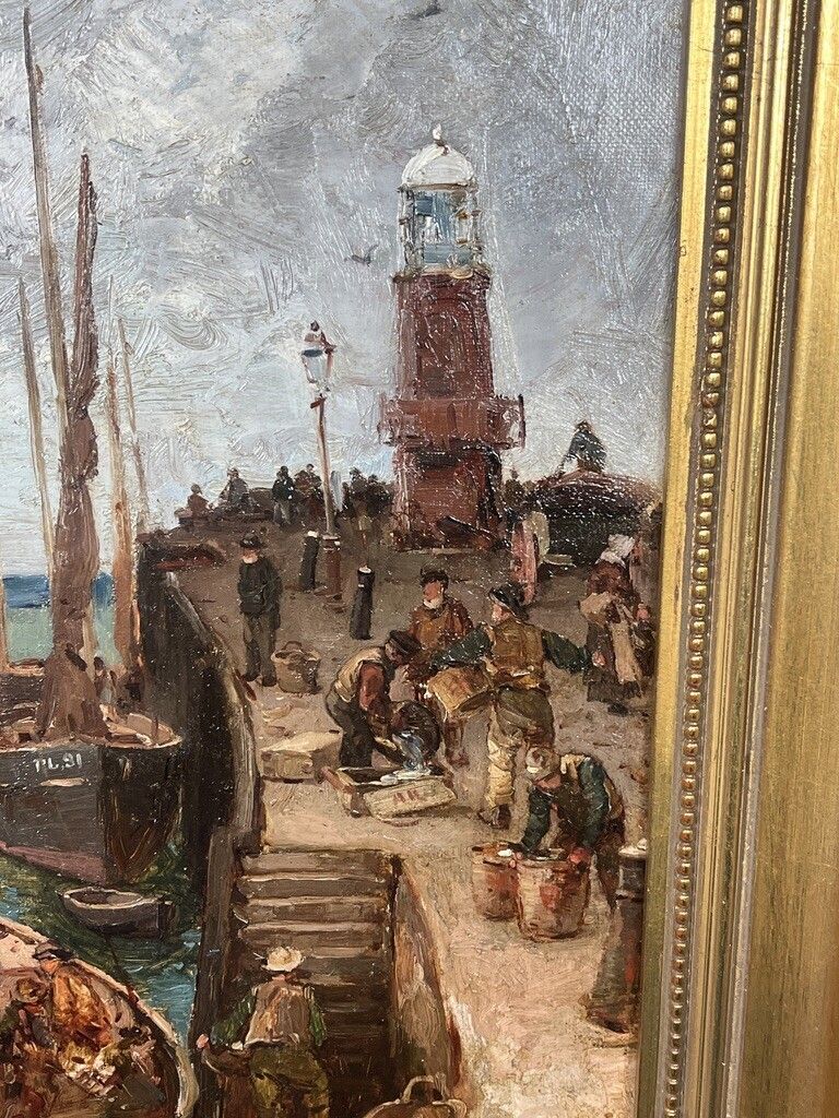 Julius Hare (1859   1932) South West Harbour Scene – Fishing Boats & Lighthouse photo furniture