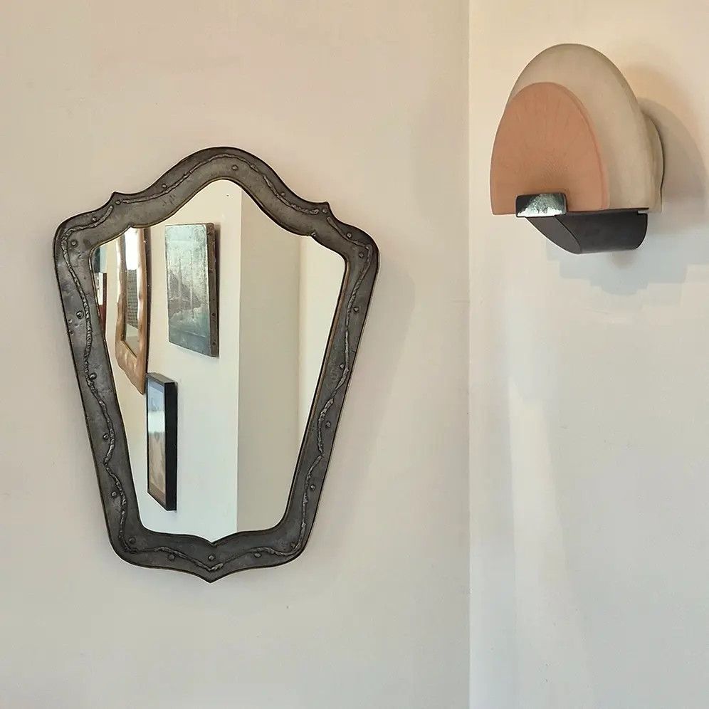 1970's French Brutalist Metal Wall Mirror (L): Mid Century Modernist Style