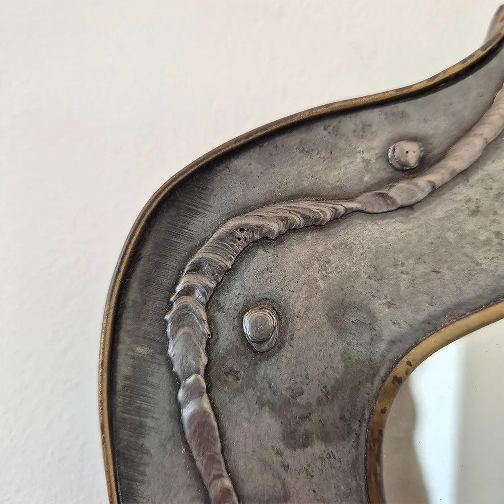 1970's French Brutalist Metal Wall Mirror (L): Mid Century Modernist Style photo furniture