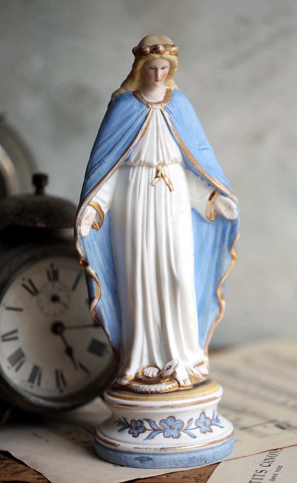 Antique Mary Statue Porcelain Madonna Virgin Our Lady Of Lourdes Religious Figurine photo furniture