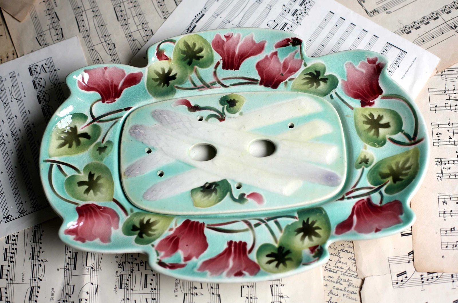 Antique French Majolica Asparagus Draining Plate Art Nouveau Cyclamen Platter By K&G Saint Clement photo furniture