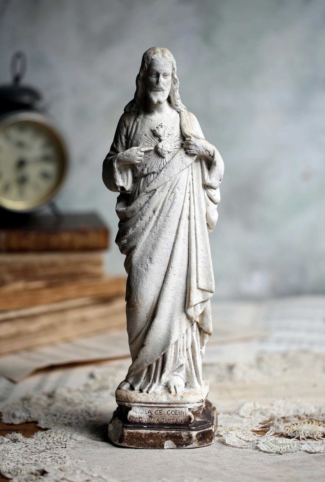 French Antique Chalkware Sacred Heart Jesus Christ Statue 1800s