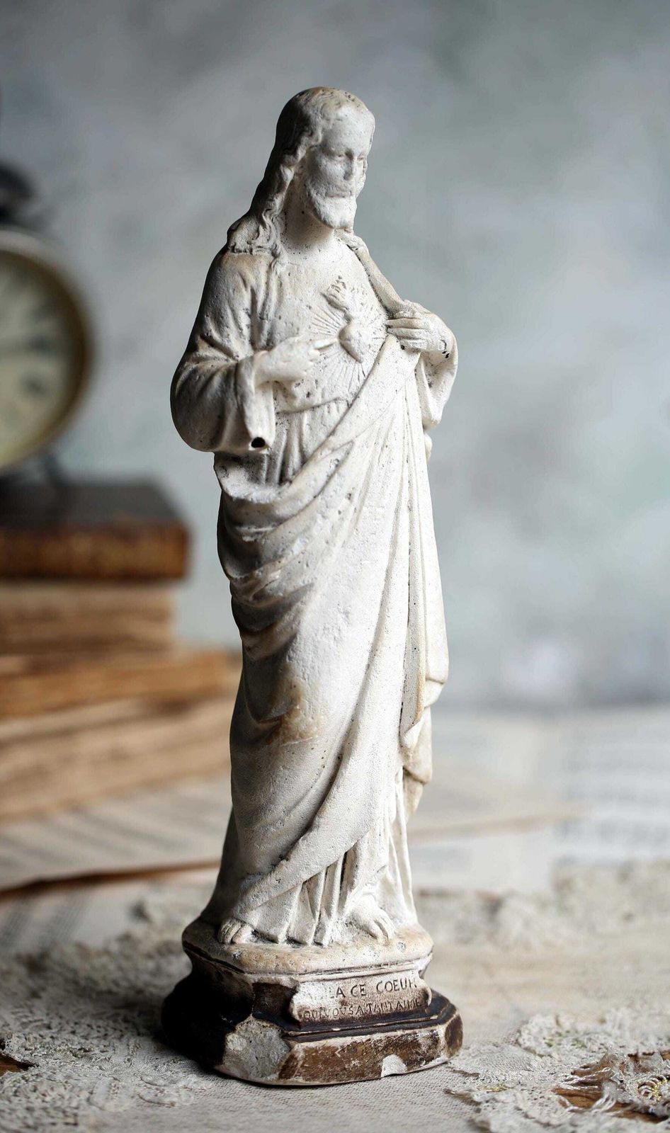 French Antique Chalkware Sacred Heart Jesus Christ Statue 1800s photo furniture