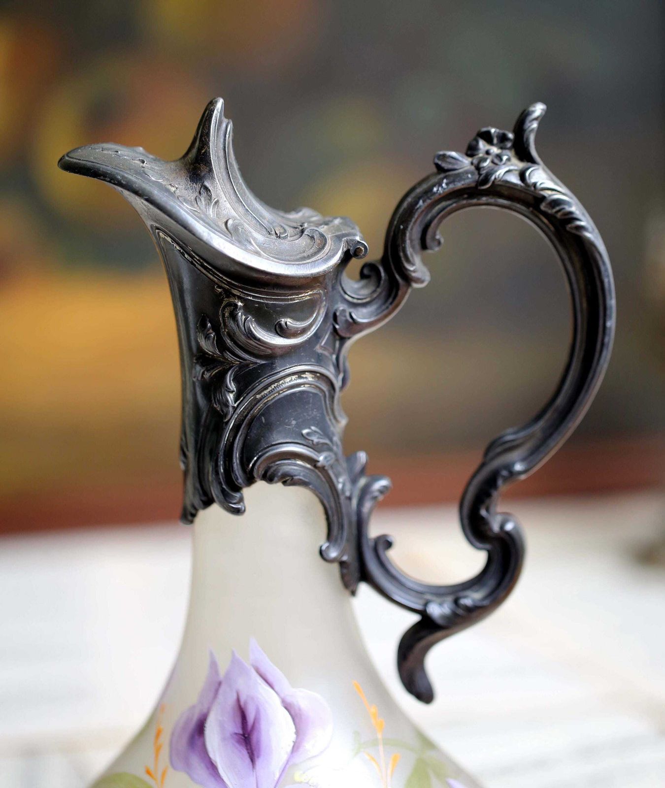 Antique French Rococo Claret Jug Pewter & Hand Painted Glass Wine Pitcher Decanter Irises Louis XV photo 248.0