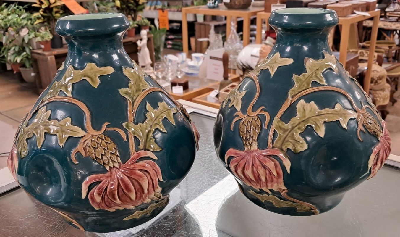 Unusual Pair Of Vintage Dimpled  Vases With Appliqued Clay Thistle Design