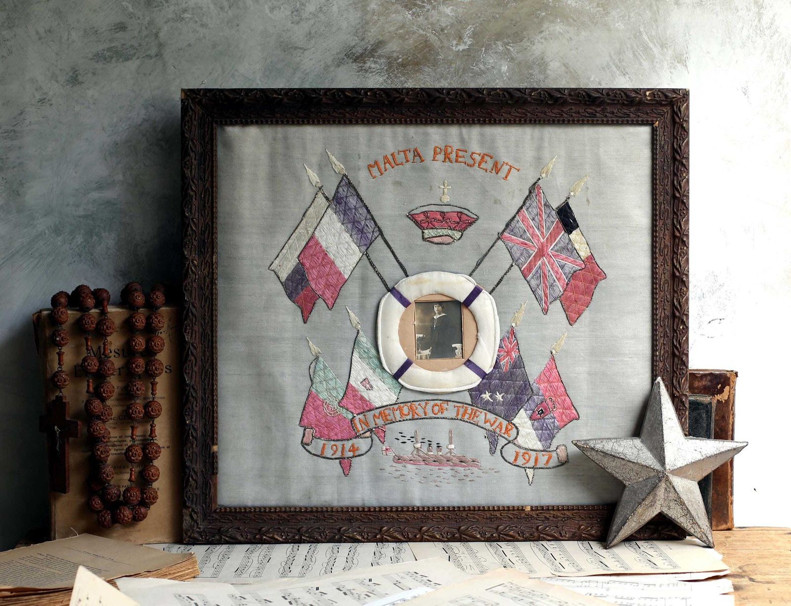 Antique Wwi Malta Souvenir Embroidery Picture Framed Art World War 1