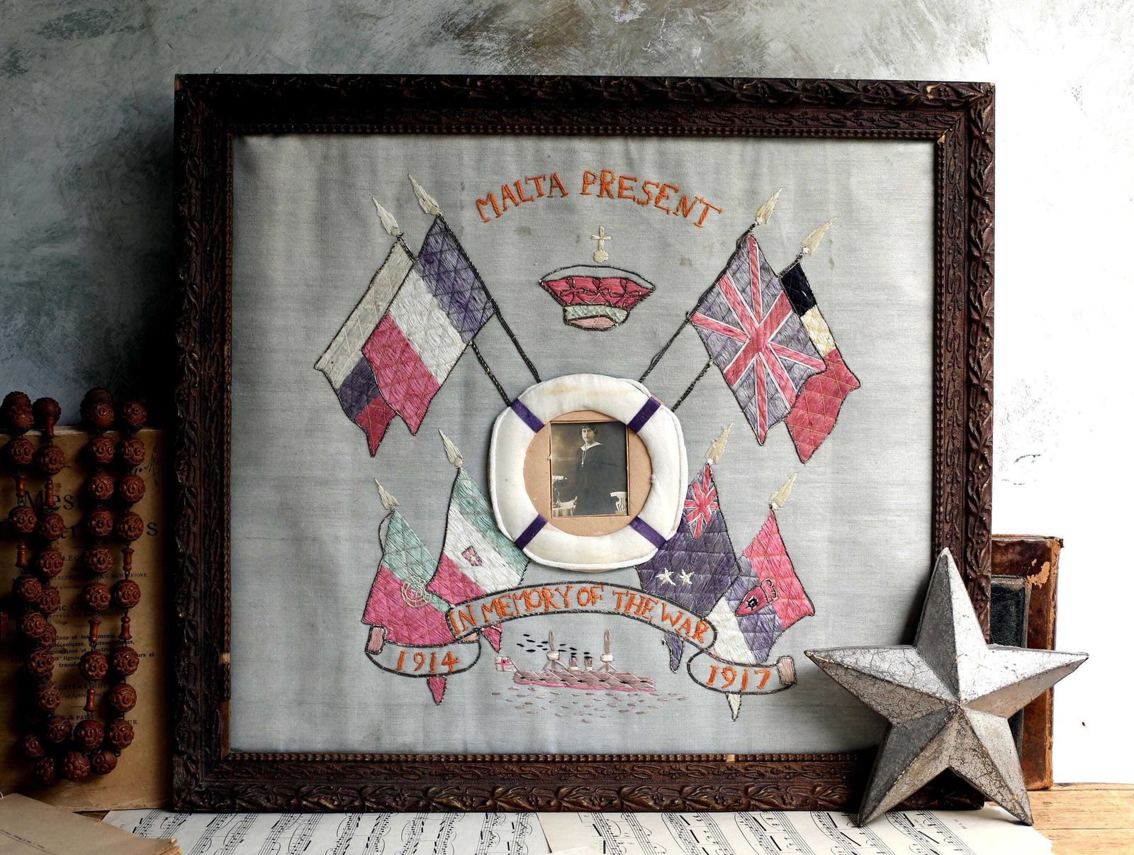 Antique Wwi Malta Souvenir Embroidery Picture Framed Art World War 1 photo for sale